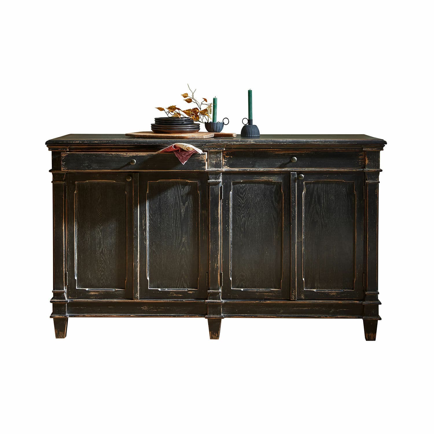 Dressoir Chaveline Zwarte houten dressoir met verweerd effect en vier deuren, vintage stijl voor woonkamer