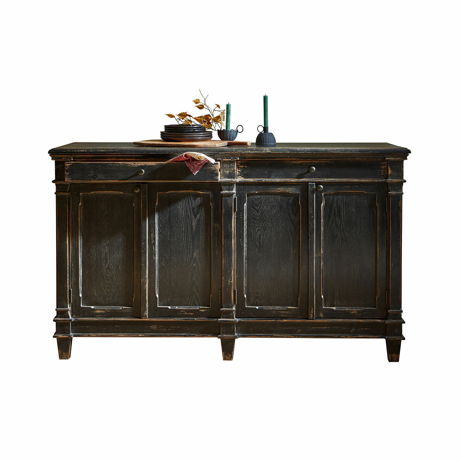 Buffet bas Chaveline Buffet en bois noir vieilli avec quatre portes, style vintage pour salon élégant
