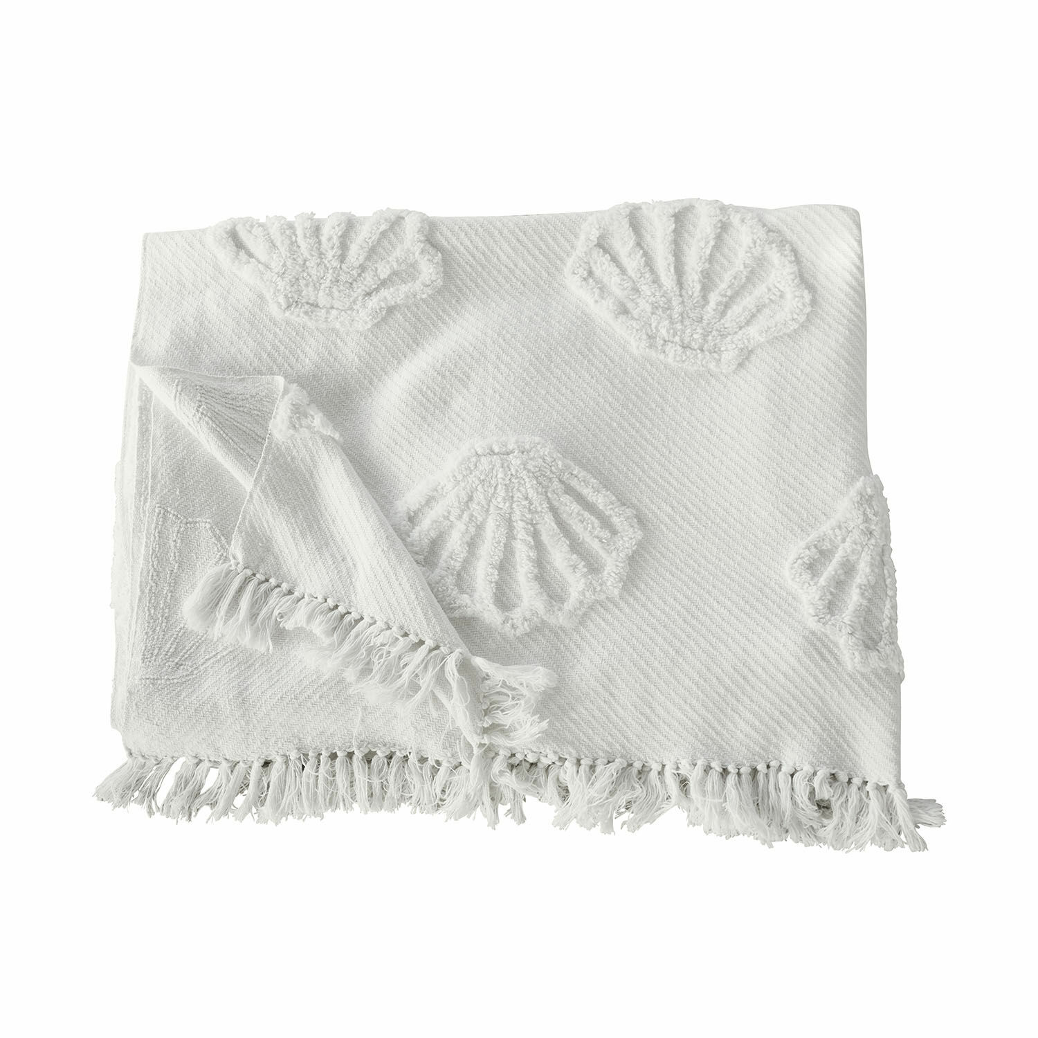 Witte katoenen deken met schelpenmotief en franjes, zachte en decoratieve woontextiel