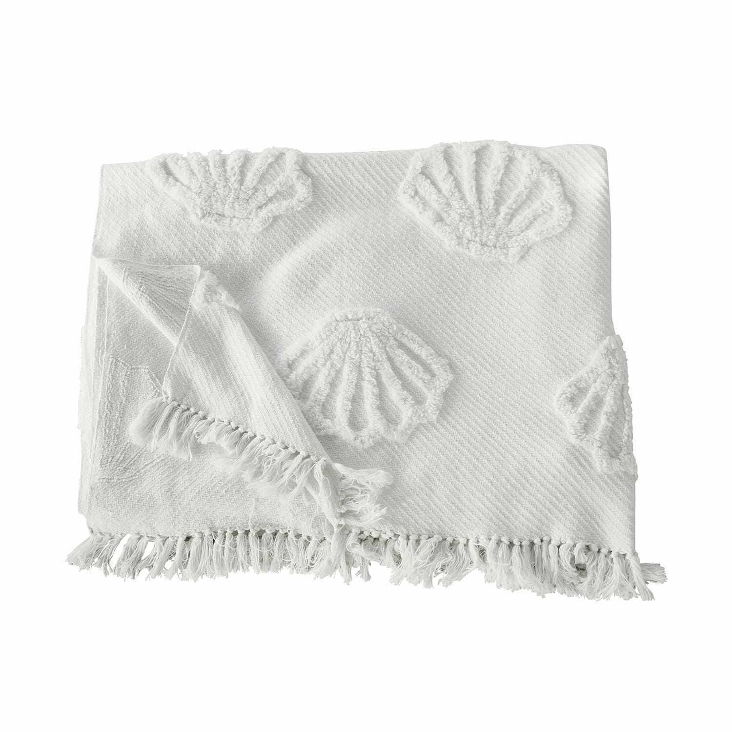 Plaid Saroufa Witte katoenen deken met schelpenmotief en franjes, zachte en decoratieve woontextiel