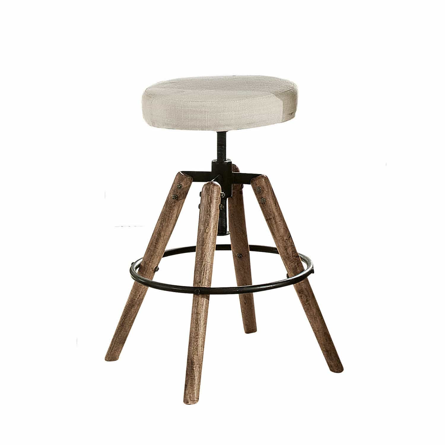 wit/bruin Kruk Twist met houten poten en wit gestoffeerde zitting, industrieel design