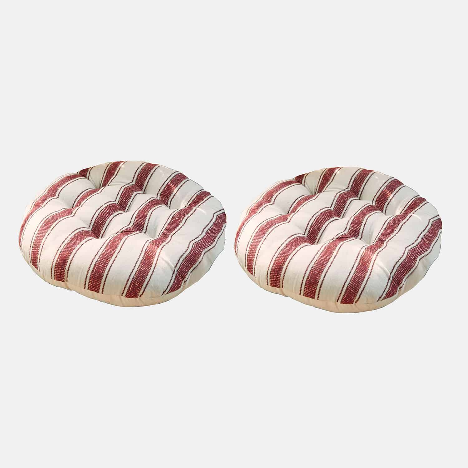 Stoelkussen set van 2 Bourrignon Twee ronde katoenen kussens met crème-rode strepen, comfortabele zitkussens voor binnenstoelen