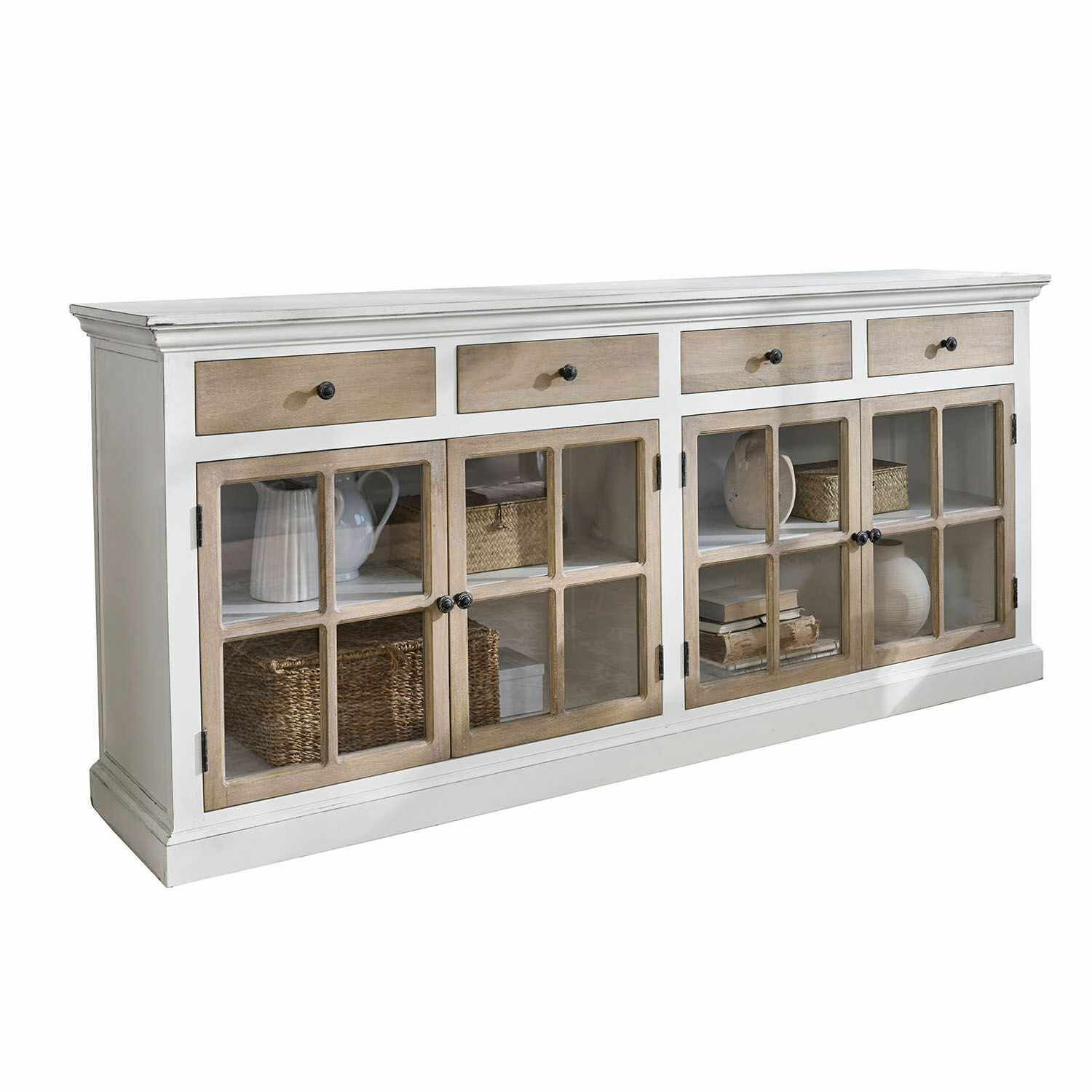 Buffet en bois blanc avec tiroirs et portes vitrées dans un style rustique élégant