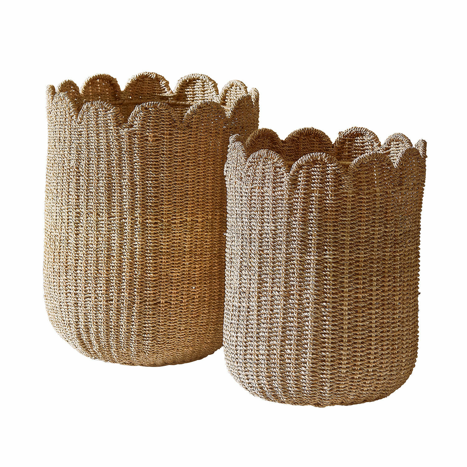 Lot de 2 corbeilles Velourette Ensemble de deux paniers en matériau tressé naturel beige pour rangement pratique.