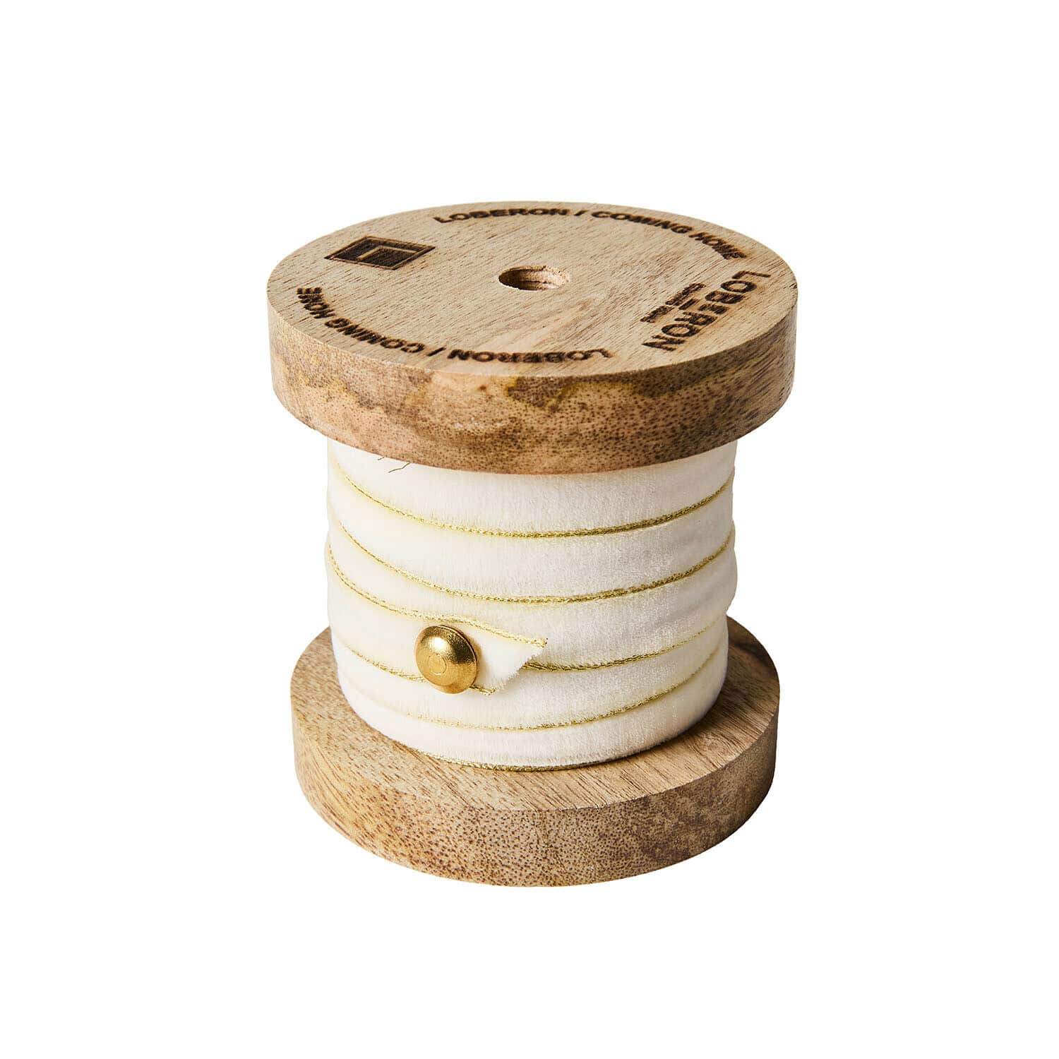 Fluwelen lint Sorima Houten klos met crèmekleurig fluwelen lint met fijne gouden streep voor decoratie