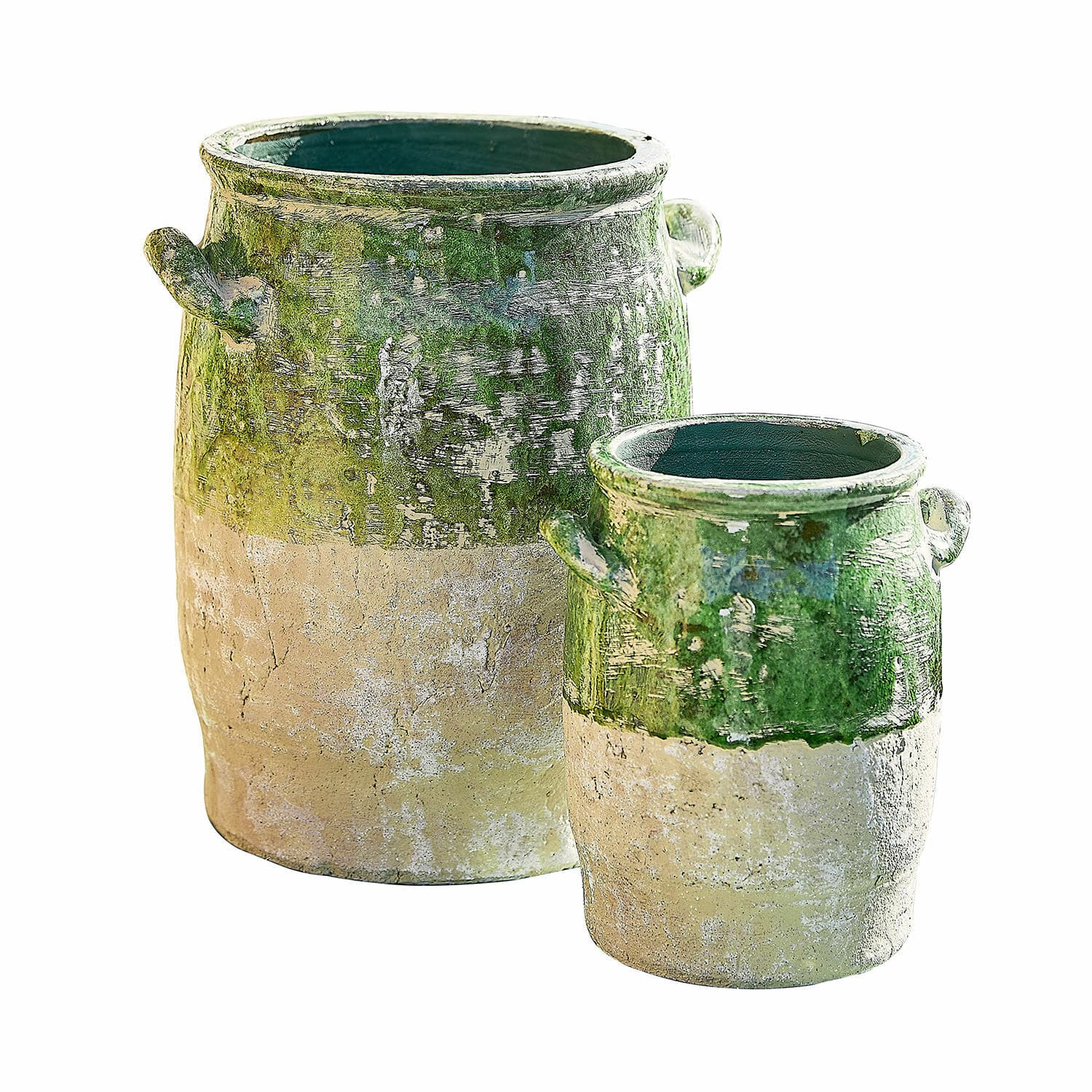 Vaas set van 2 Reefton Set van twee keramische potten in groen-beige met handvatten, rustieke tuindecoratie