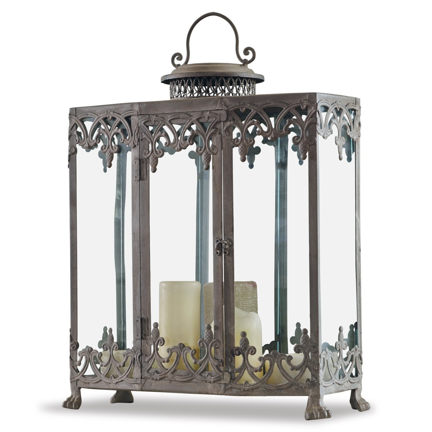 Lanterne décorative en métal gris avec panneaux en verre pour bougies LED d'intérieur