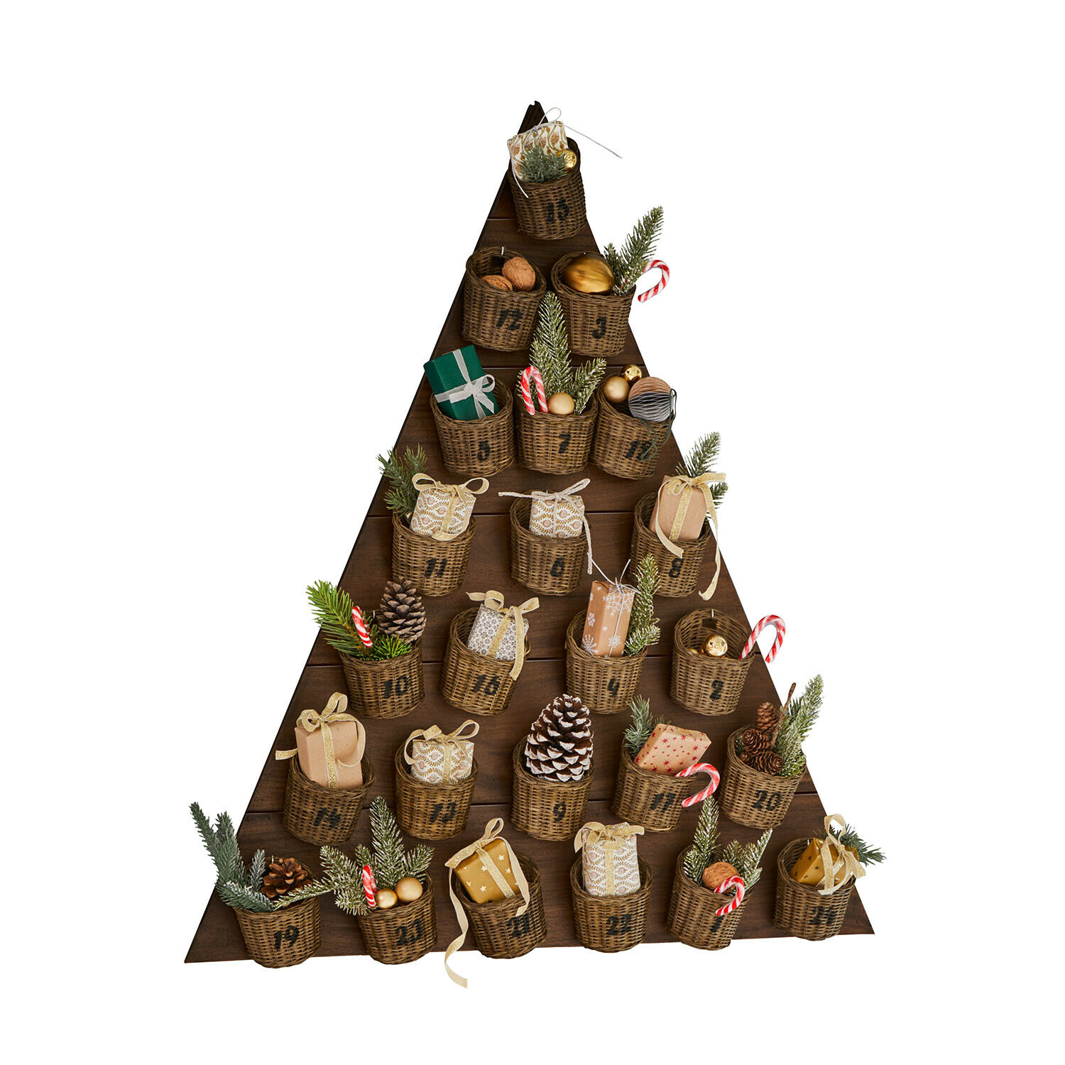 Calendrier de l'Avent pour animaux Veldaen Calendrier de l'Avent en bois en forme de sapin avec paniers en osier et décorations de Noël