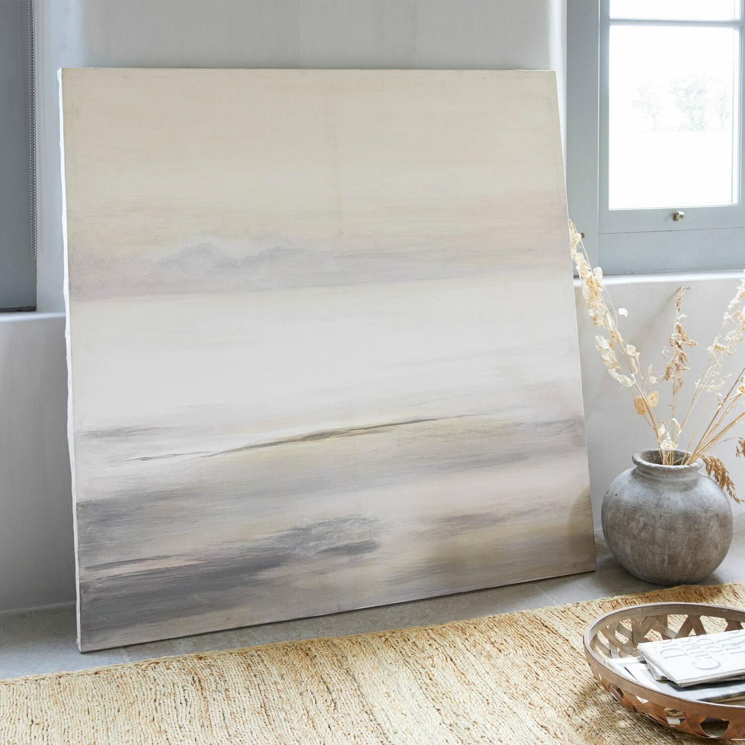 Afbeelding La Calera Decoratief schilderij in beige en grijstinten op canvas, moderne interieurdecoratie