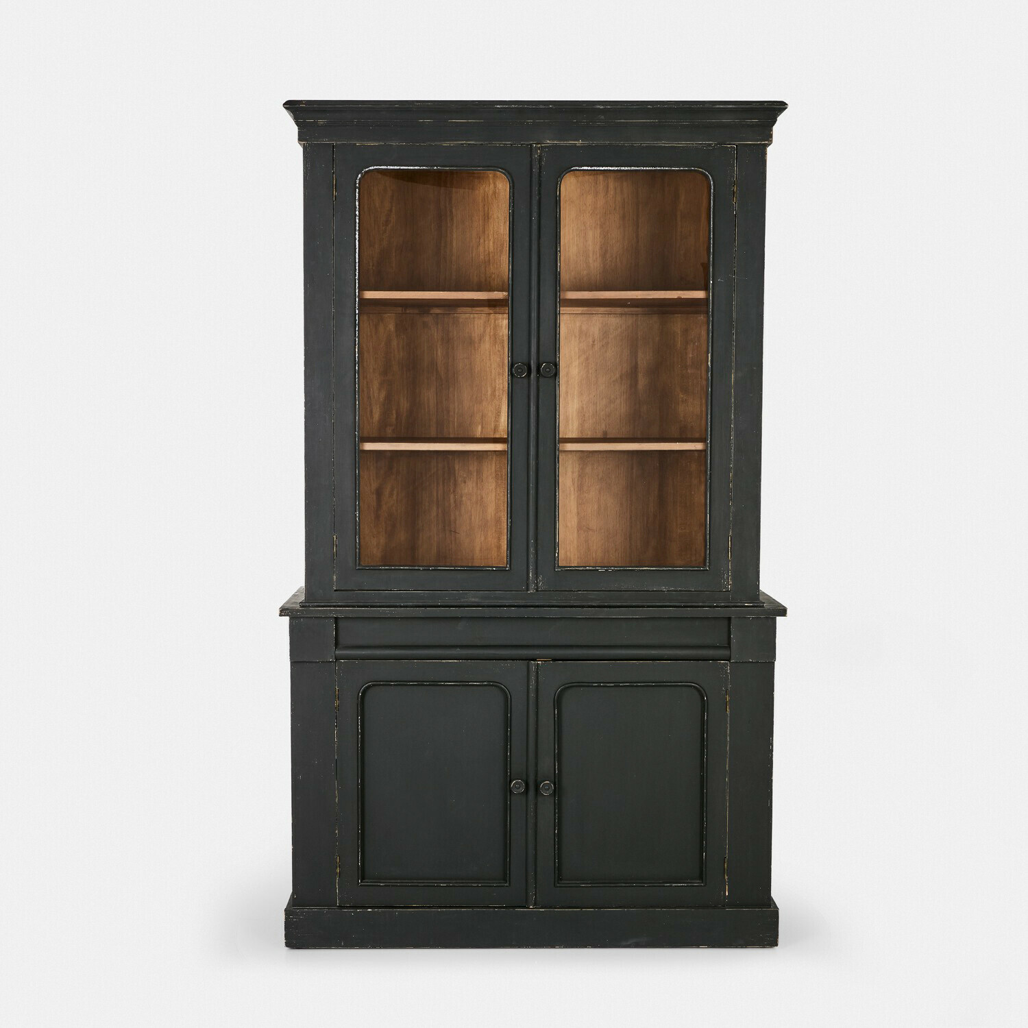 Vaisselier Aldwyn Vitrine en bois noir avec portes vitrées et étagères en bois naturel à l'intérieur