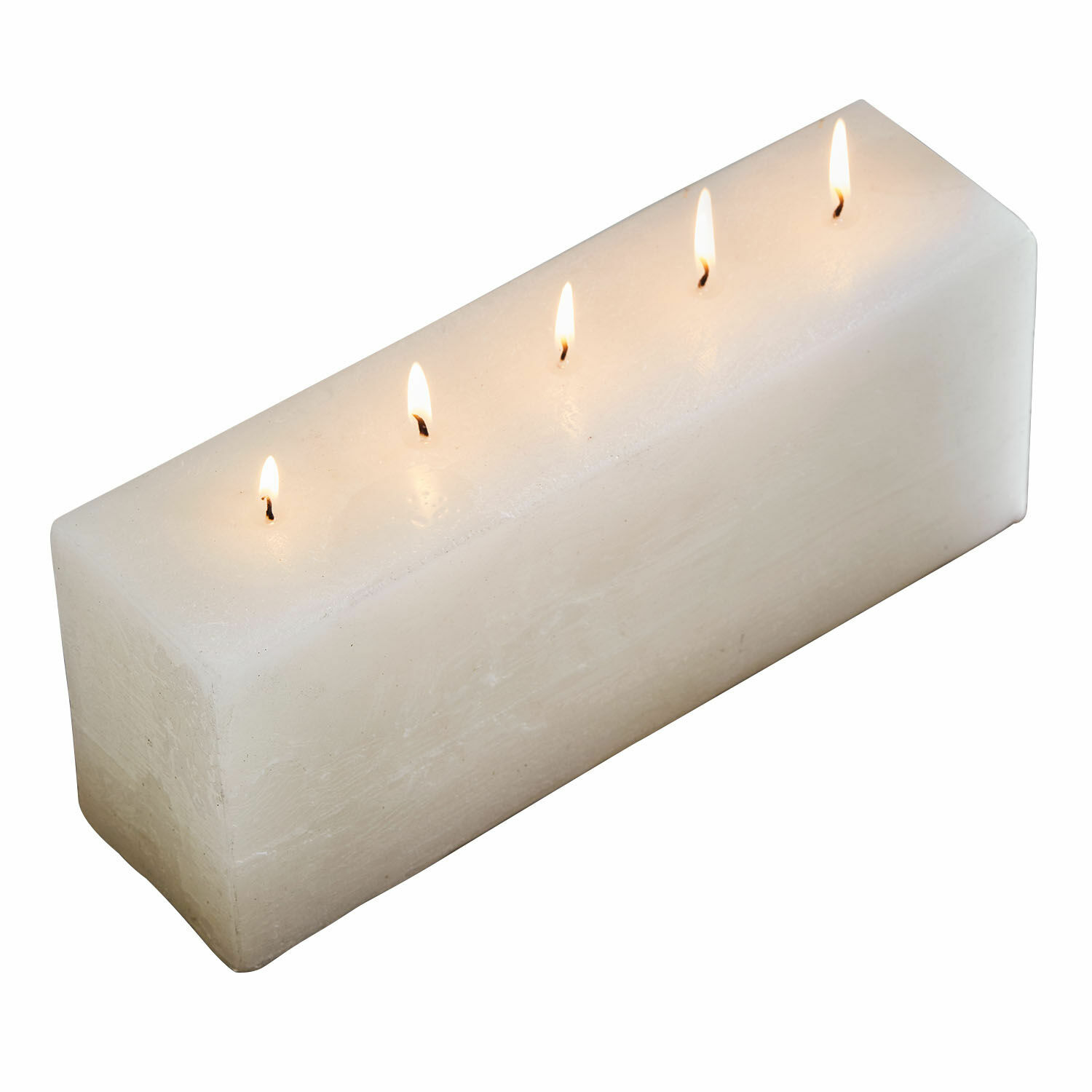 Bougie Thalara Bougie rectangulaire blanche avec cinq mèches allumées, ambiance décorative et apaisante
