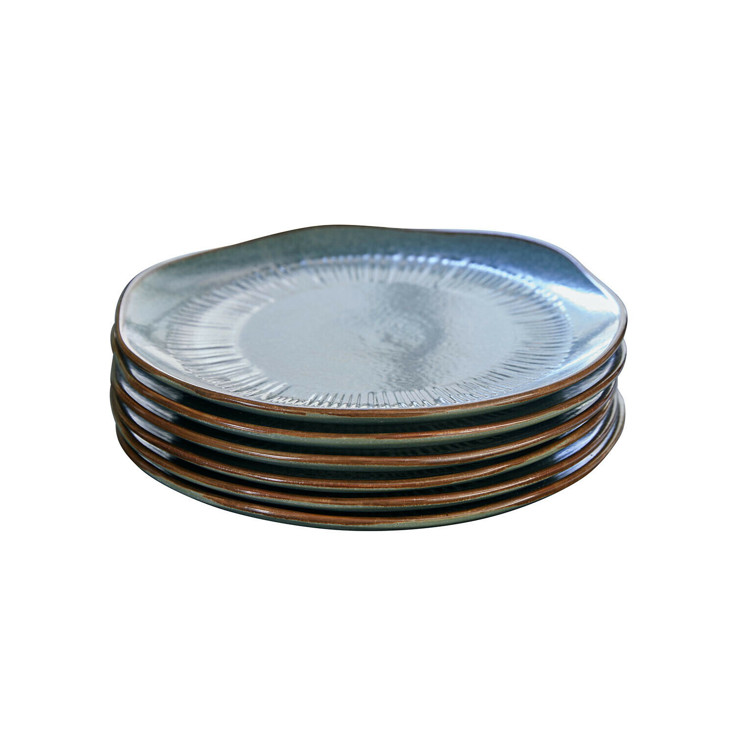 Set van 6 keramische dessertborden in turquoise en bruin met rustiek patroon