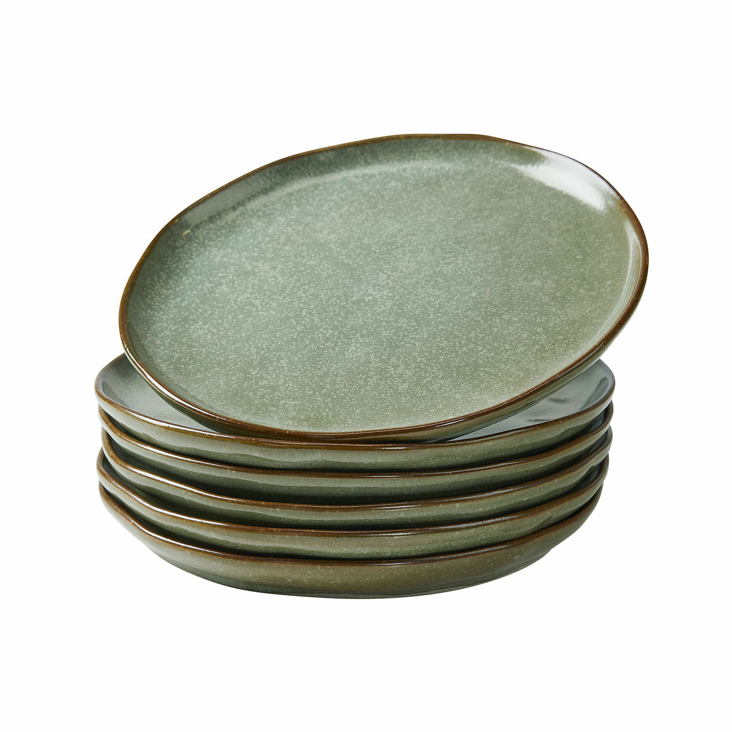 Dessertbordje set van 6 Biarré Set van zes groene keramische borden met bruine rand voor het serveren van maaltijden