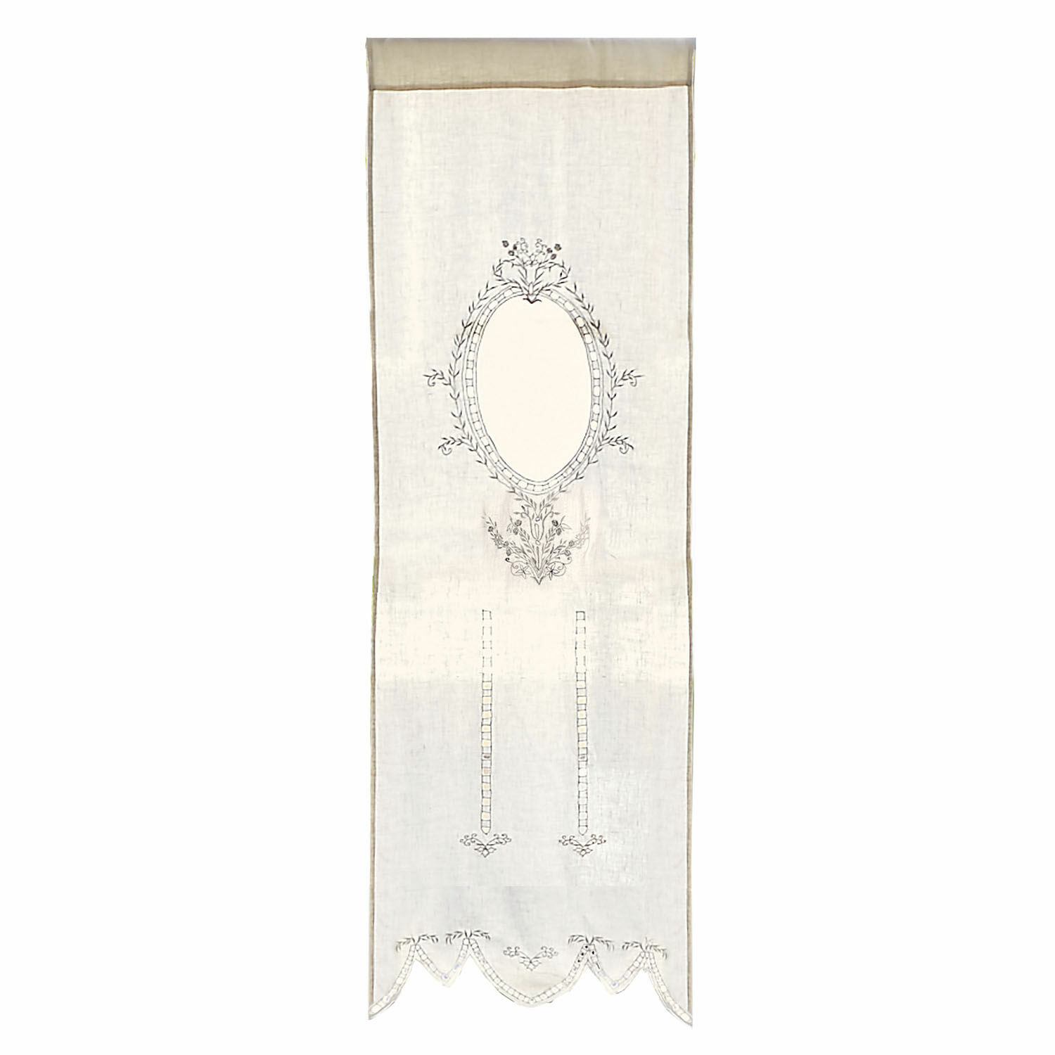 Gordijn Loiret Beige linnen decoratief paneel met geborduurd ovaal patroon en decoratieve rand voor interieur