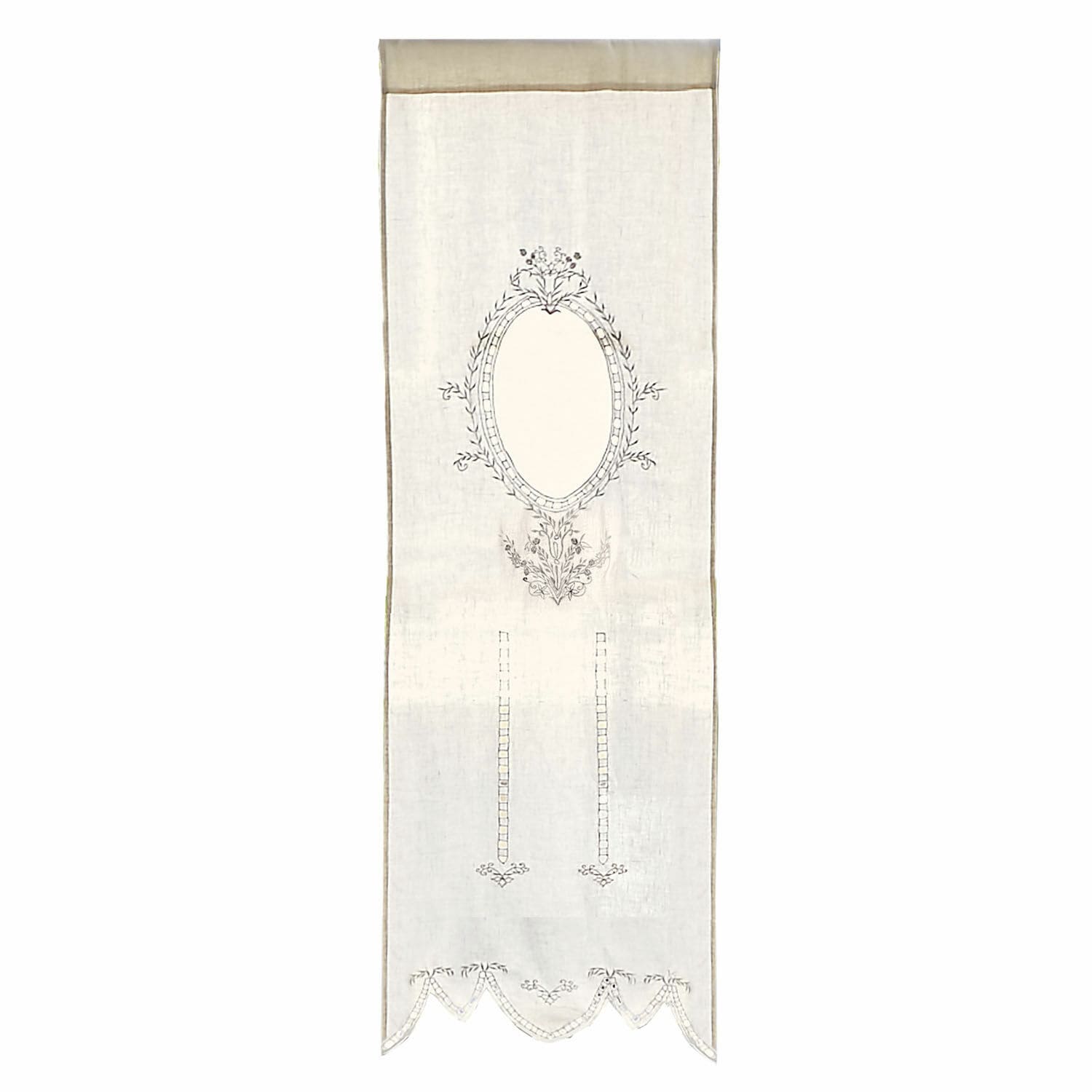 Voilage Loiret Panneau décoratif en lin beige avec motif ovale brodé et bordure décorative pour intérieur