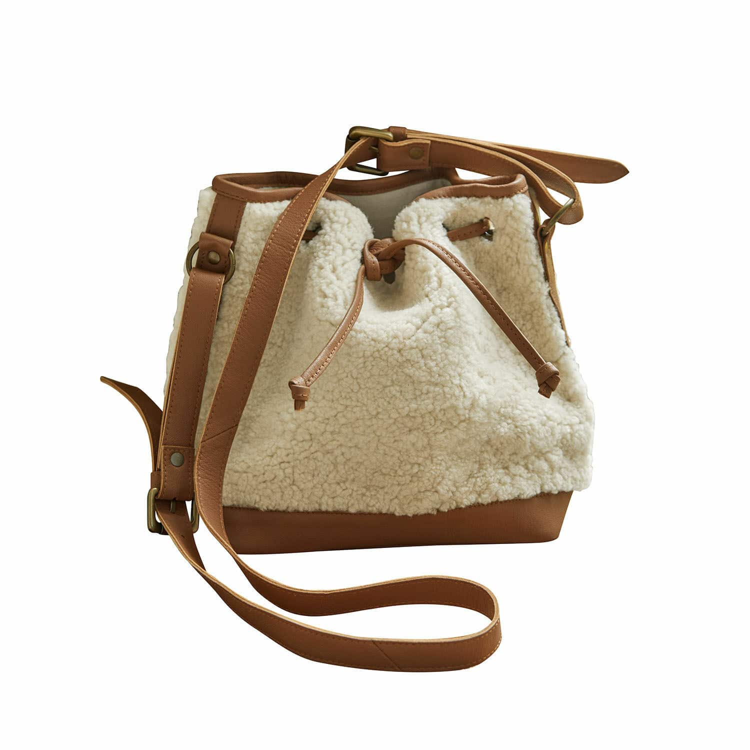Tas Bellaros Schoudertas van beige nepbont en bruin kunstleer met verstelbare riem