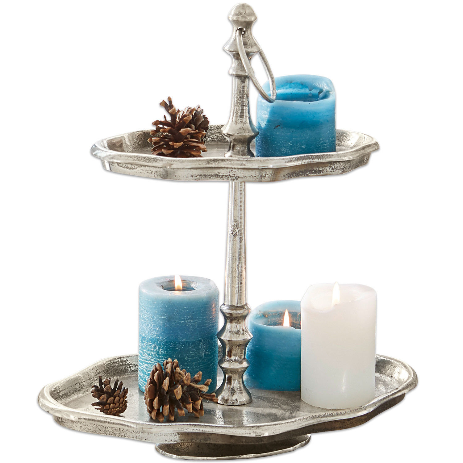 Présentoir à étages Barberie Plateau à deux niveaux en métal avec bougies bleues et blanches et pommes de pin décoratives