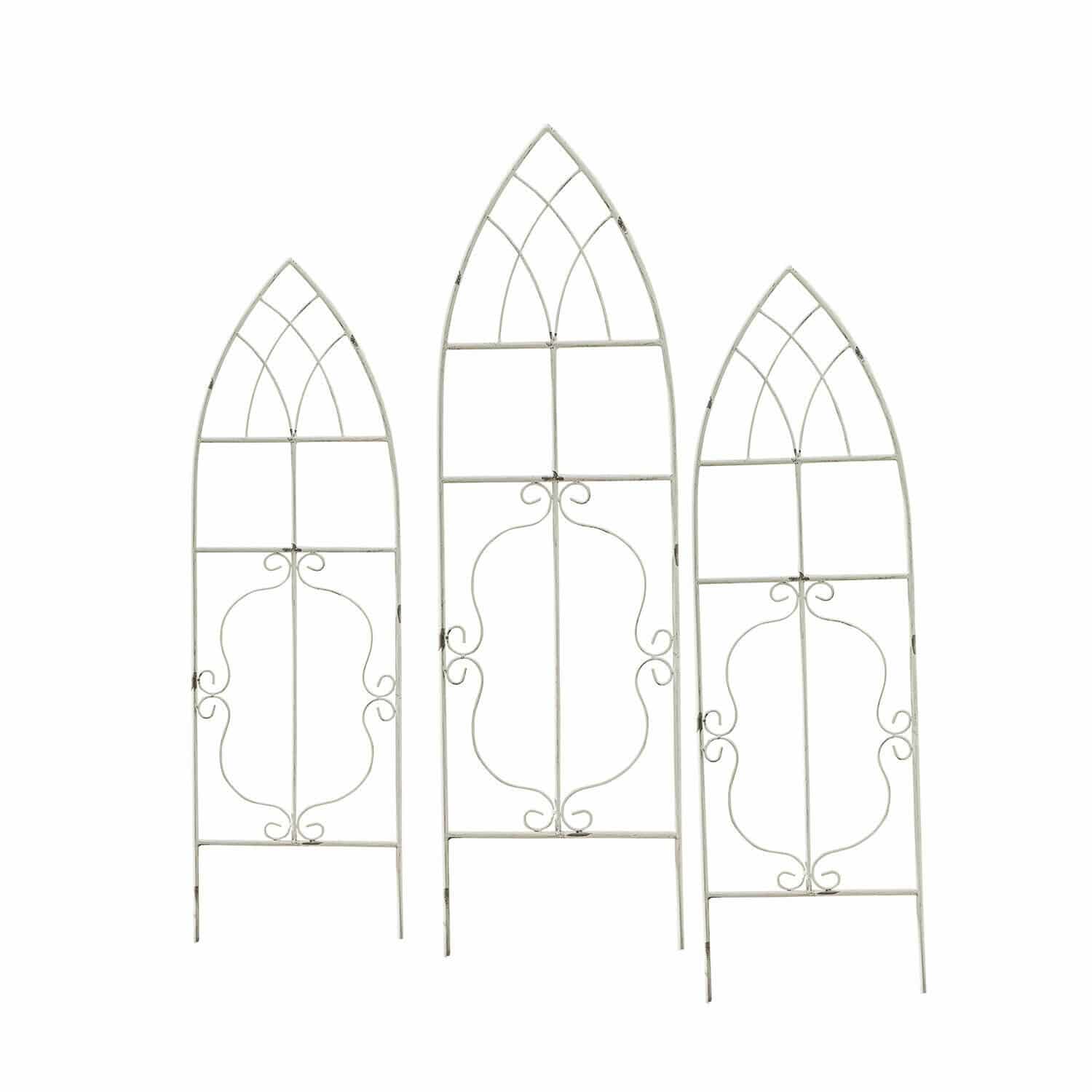 Plantensteun set van 3 Halexin Set van drie witte metalen tuinhekken met decoratief patroon en boogvorm