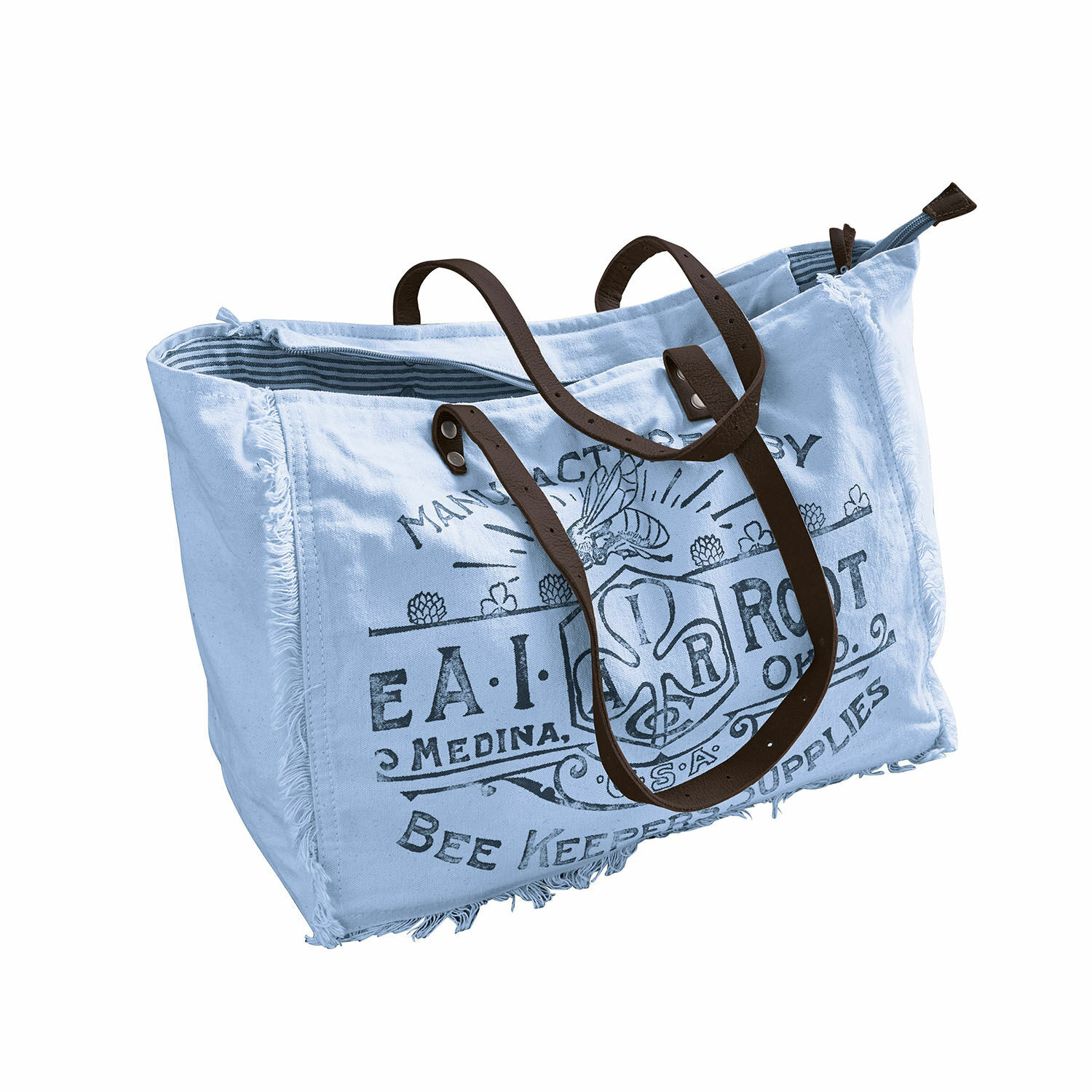 blauw/bruin CLOE tas van blauwe katoen met bruine leren handvatten en vintage print voor dagelijks gebruik