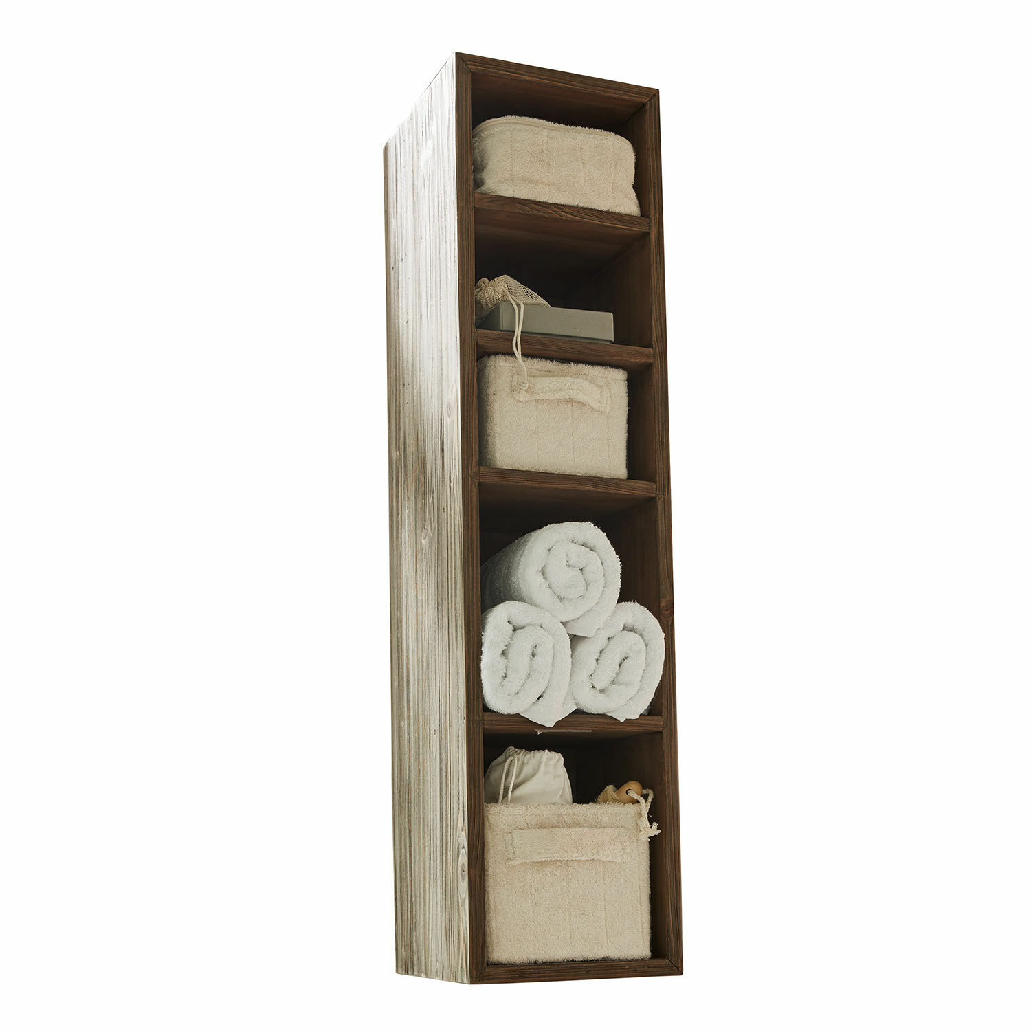 Wandrek Greenhaven Houten kast met vijf vakken, beige manden en witte handdoeken voor praktische opslag