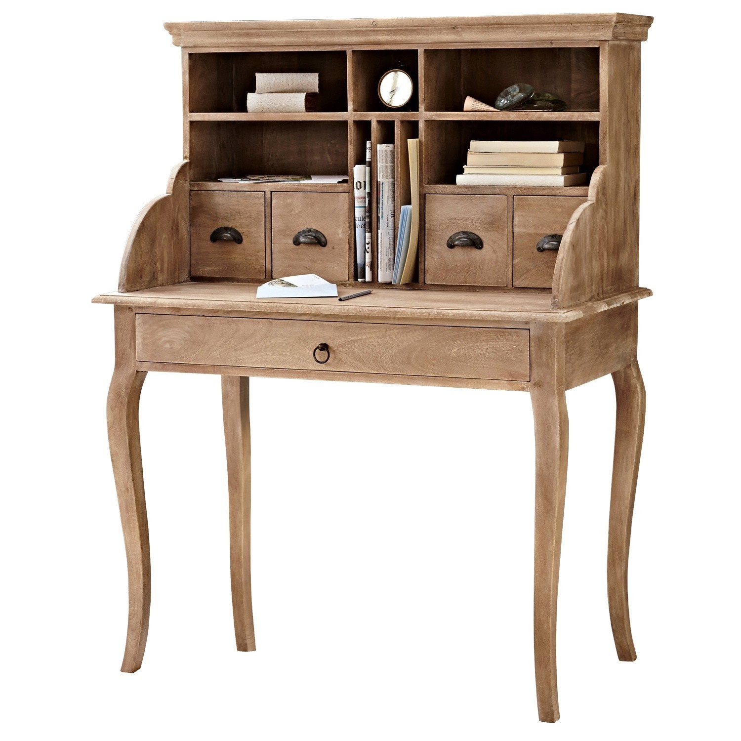 Sekretaris Orival van natuurlijk hout met laden en vakken, bureau voor opslag en organisatie