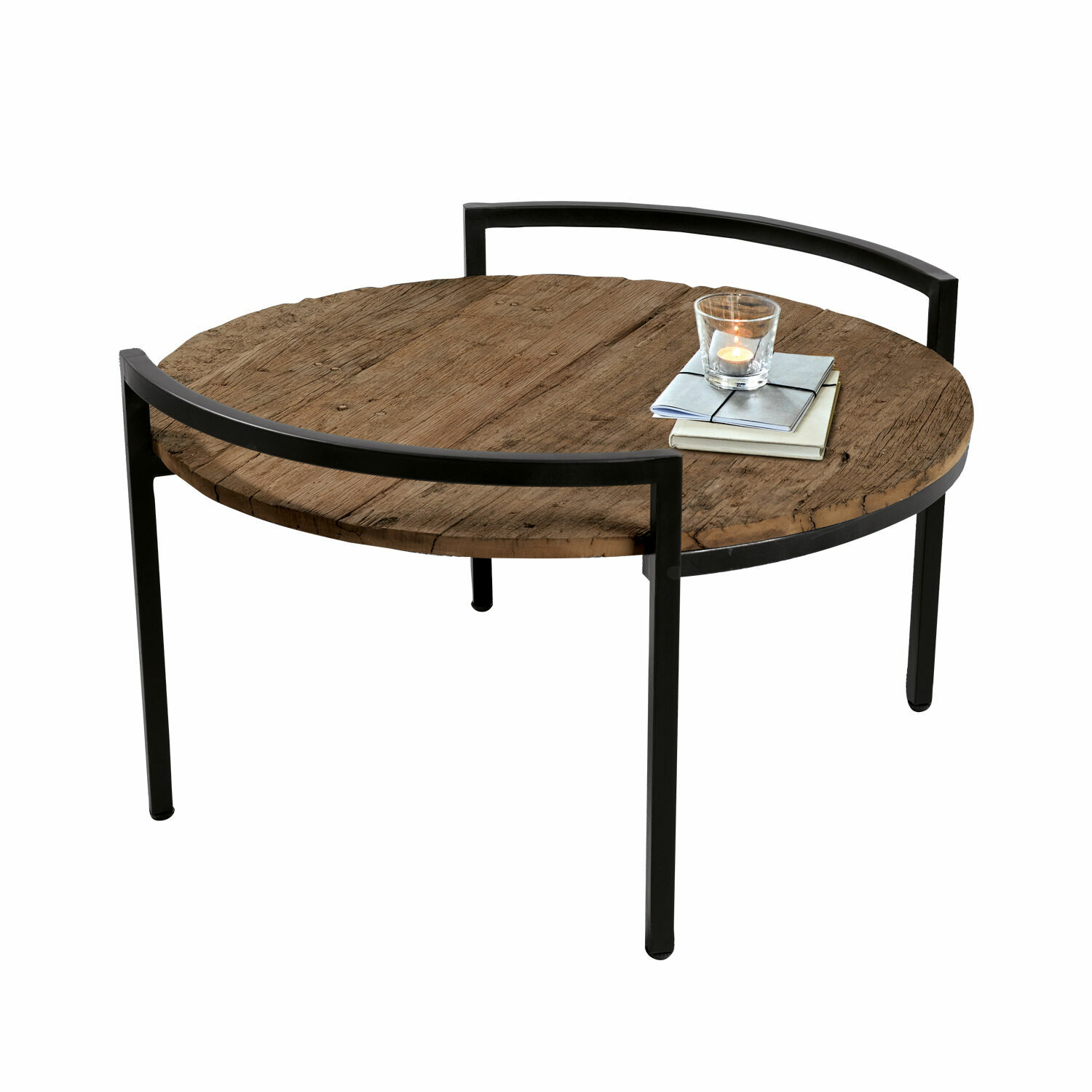 Salontafel Rosemill Ronde salontafel met houten blad en zwart metalen frame, modern ontwerp voor woonkamer