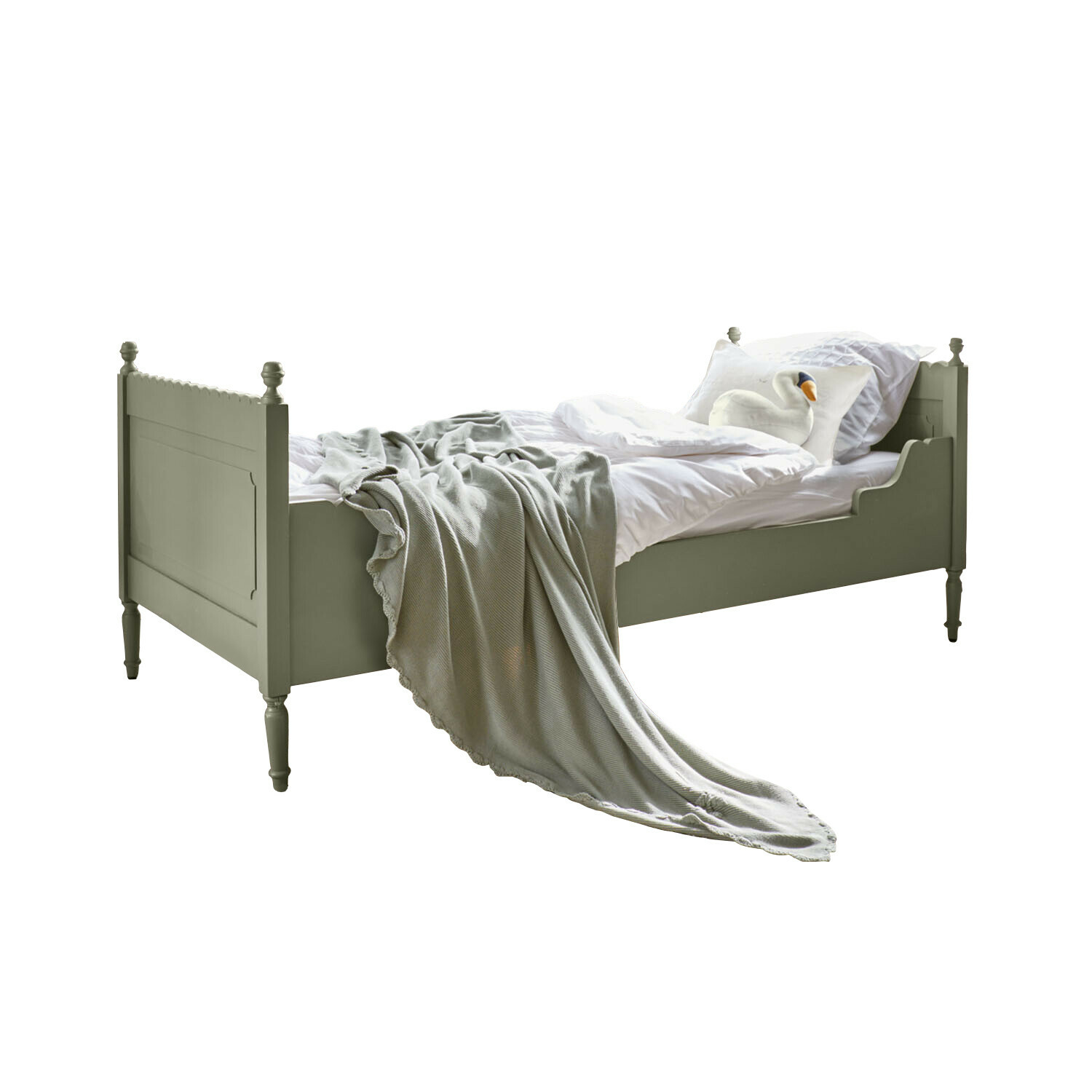 Lit simple Kystlund Lit en bois vert olive avec literie blanche et couverture grise, style vintage pour chambre à coucher