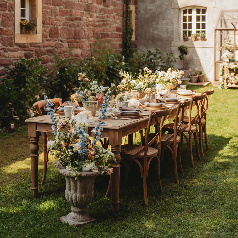Houten tuintafel met bloemstukken en stoelen op groen gras in zonnige tuin