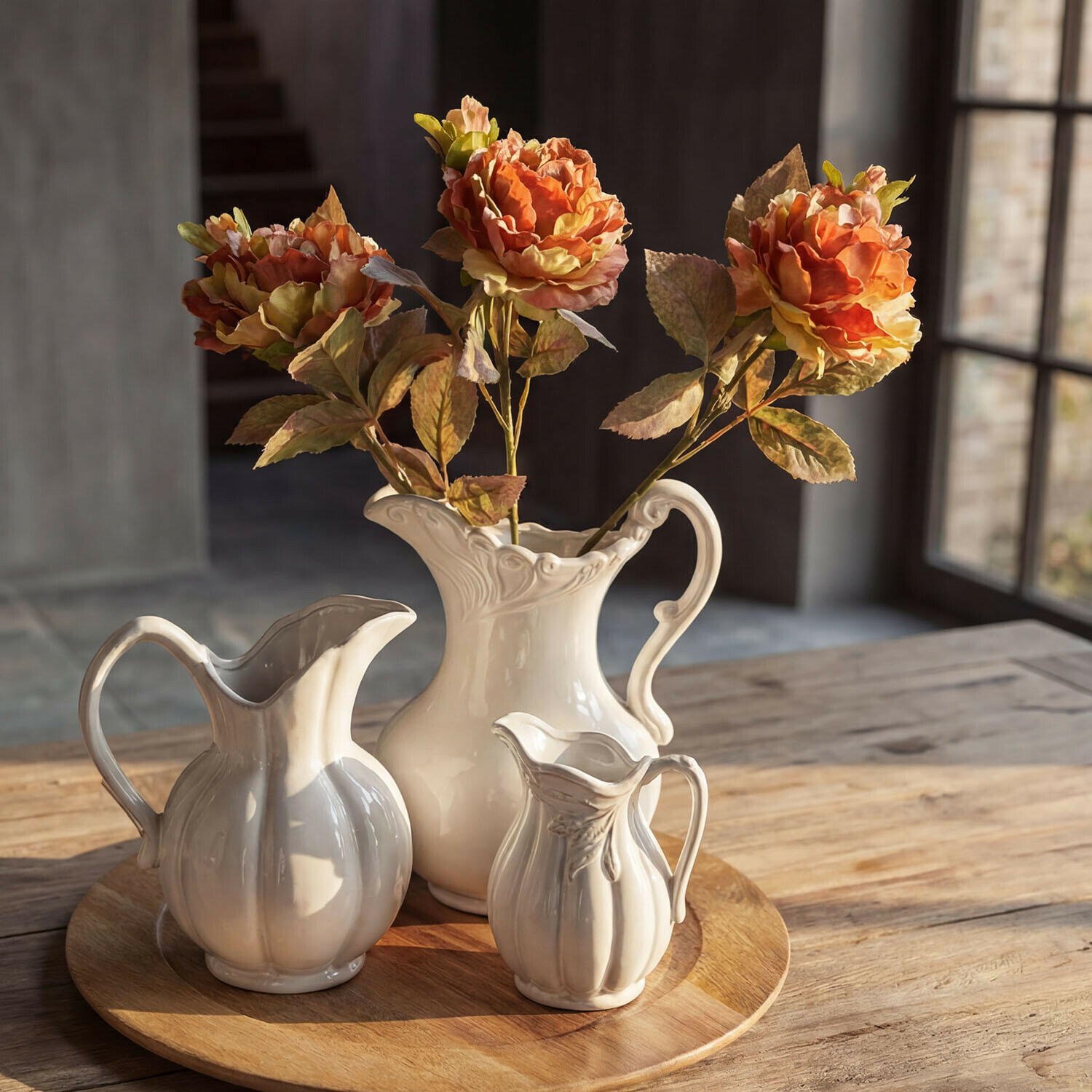 Decoratieve bloem set van 3 Ambrayelle Drie witte keramische kannen op een houten dienblad met oranje kunstbloemen in rustieke omgeving