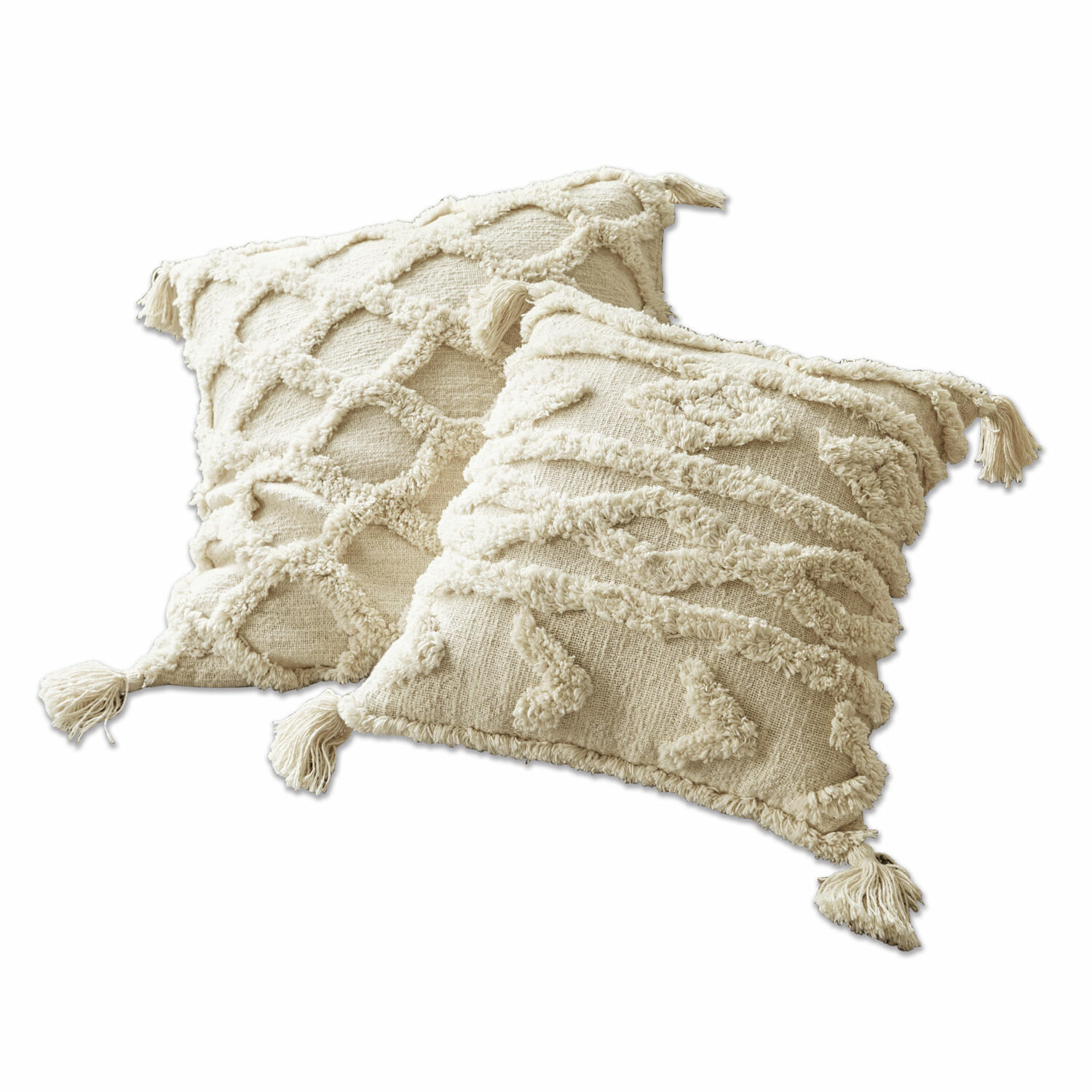Kussenhoes set van 2 Linares Set van twee crèmekleurige katoenen sierkussens met franjes en geometrisch reliëfpatroon