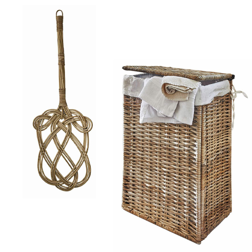 Panier à linge en rotin naturel avec couvercle et balayette tressée à la main