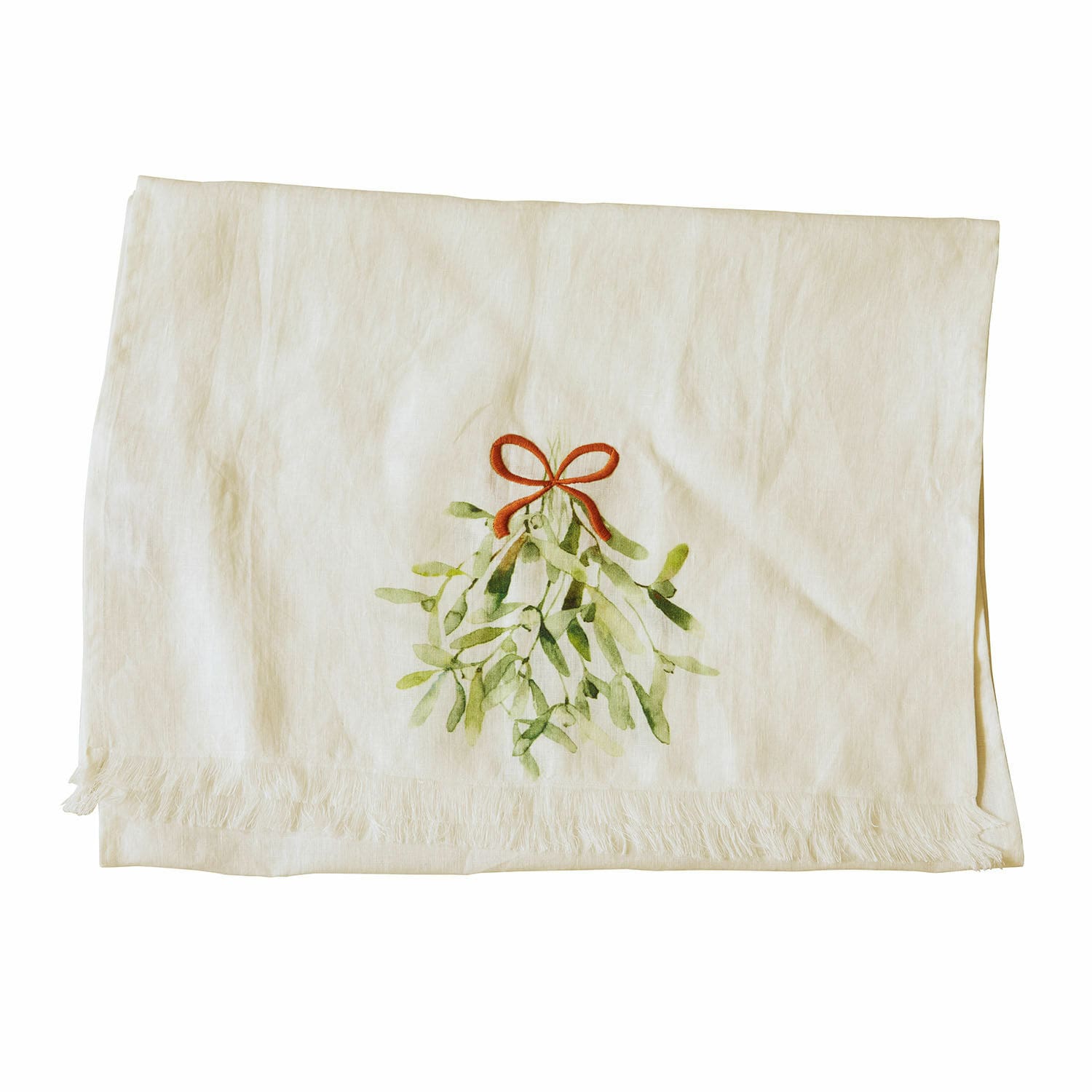 Chemin de table Mistletoe Nappe en lin écru avec motif de gui et nœud rouge, décoration de table festive