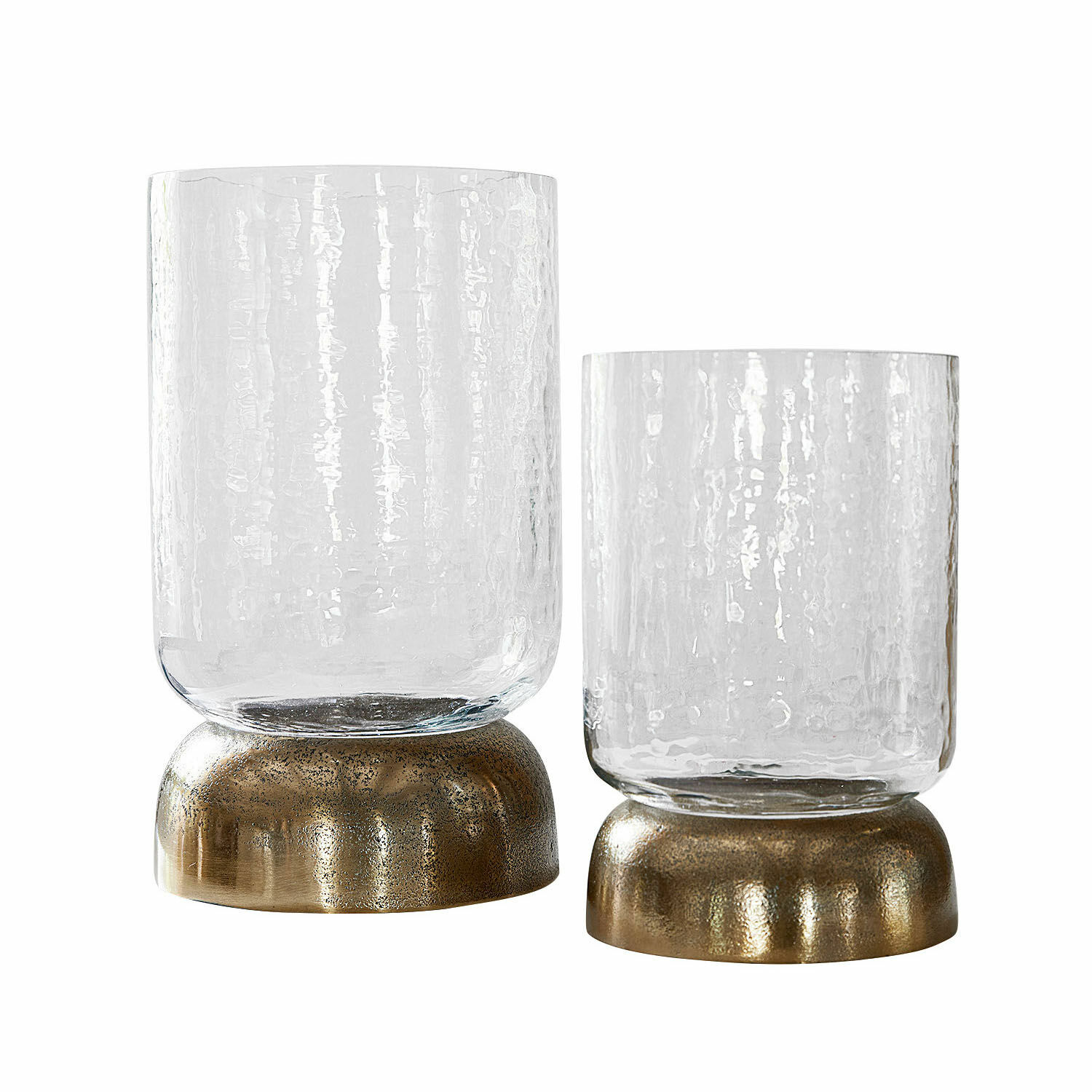 Ensemble de deux photophores en verre avec base en laiton, verre transparent texturé, décoration intérieure