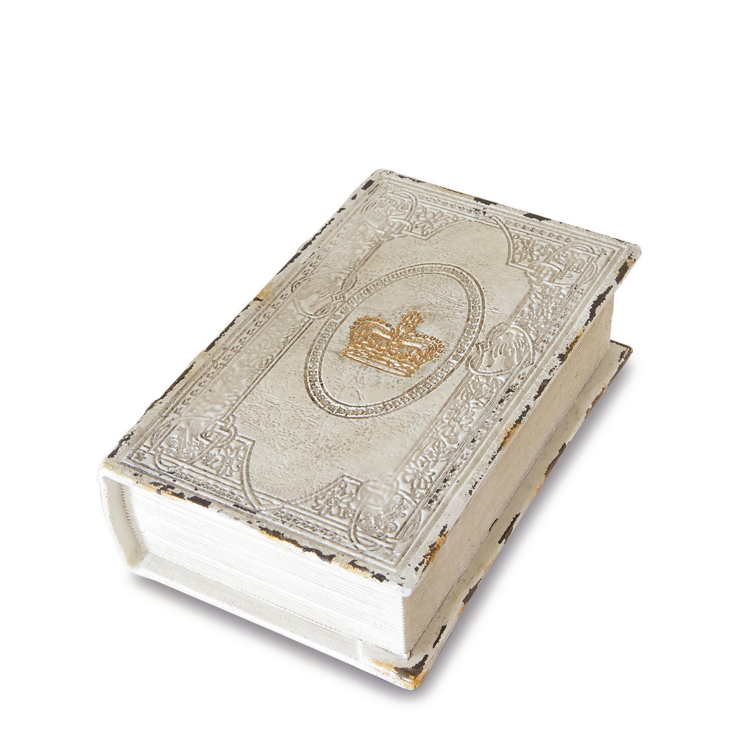 Boekenkistje Anglure Decoratieve witte houten doos in boekvorm met gouden kroon op de omslag