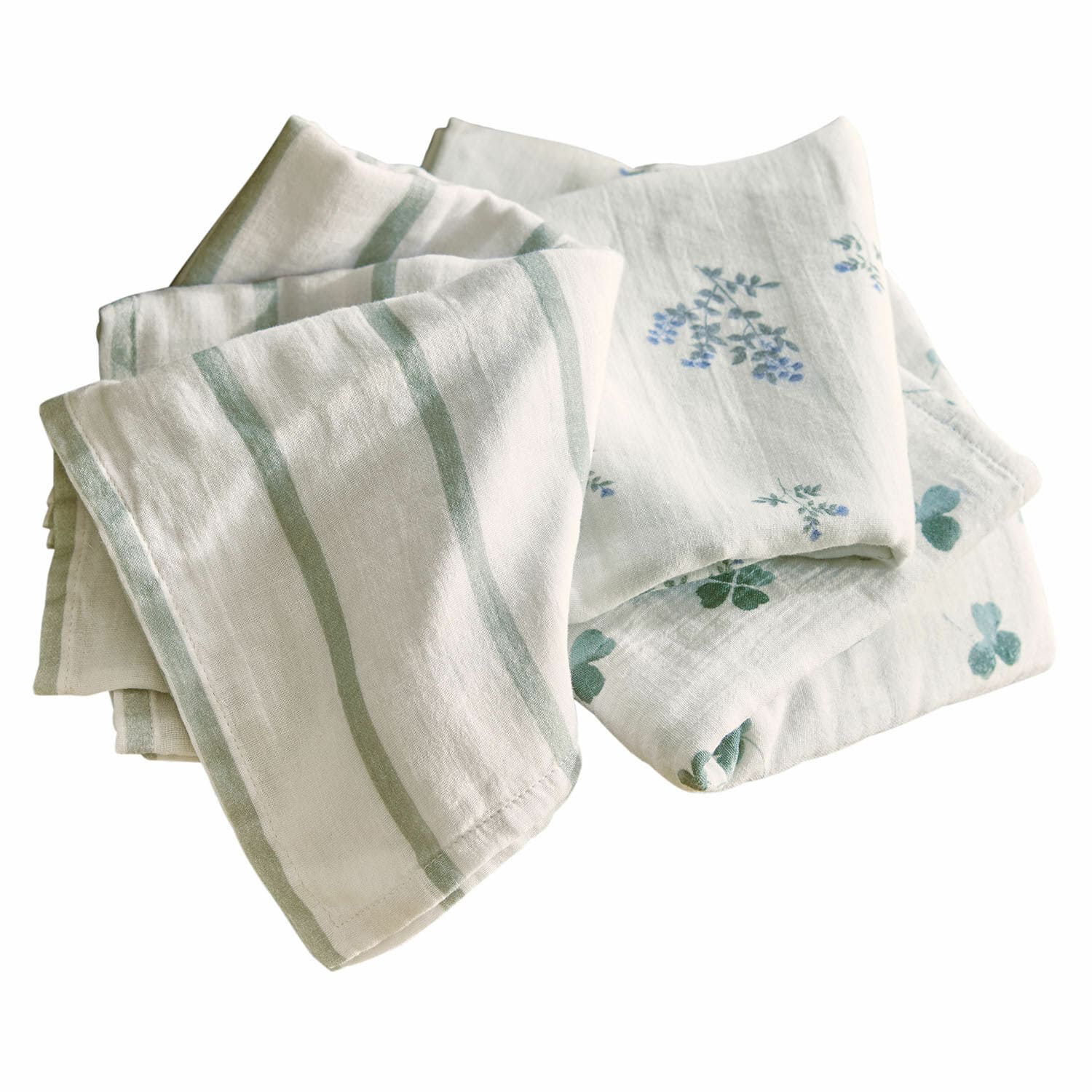 Lot de 3 lingettes en mousseline Nymariel Ensemble de torchons en lin blanc avec rayures vertes et motifs floraux pour cuisine