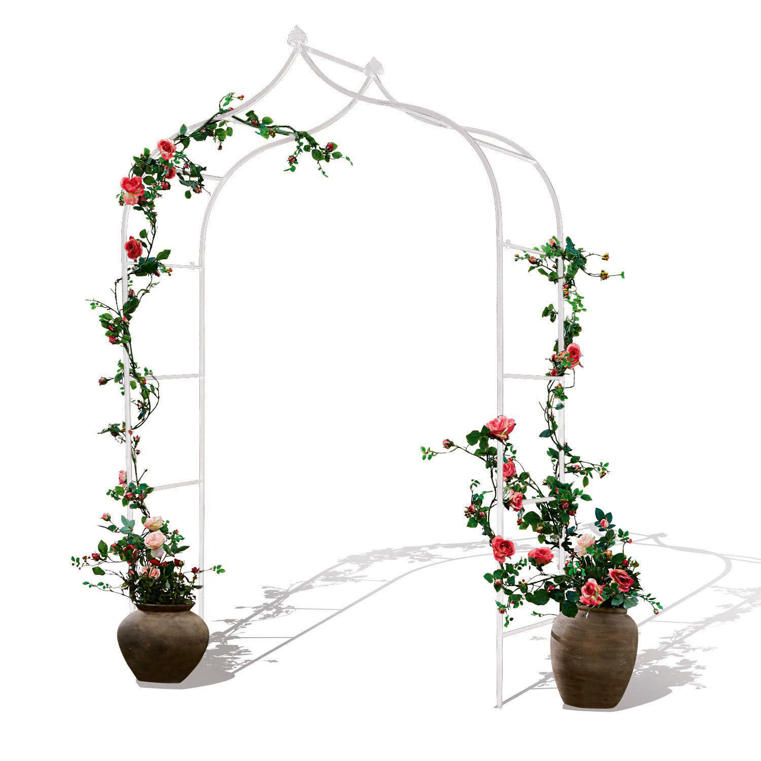 Arche à rosier Dimarus Arche de jardin en métal blanc avec pots et fleurs roses, décoration extérieure élégante