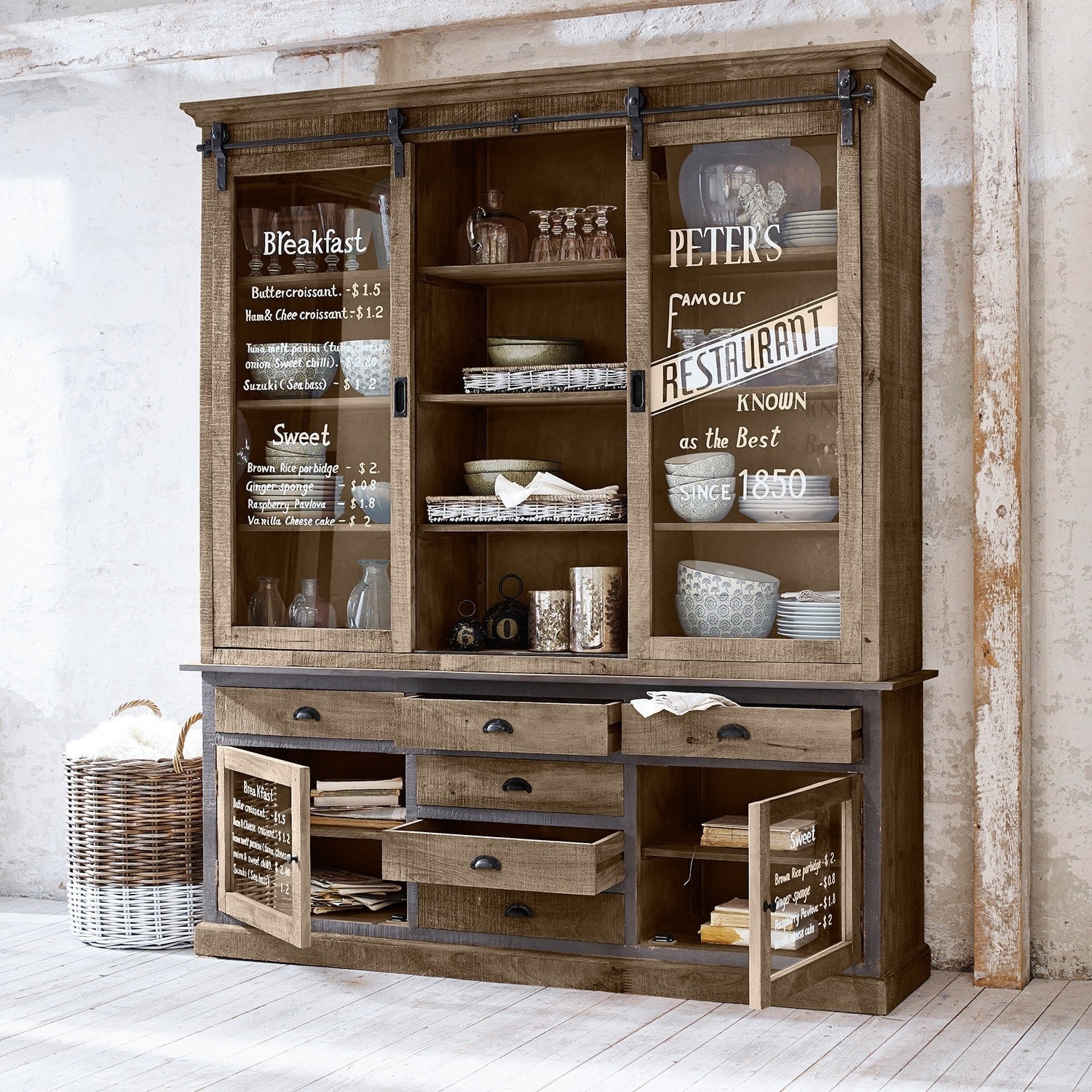 Armoire Peter´s Grande vitrine en bois avec portes vitrées et tiroirs style vintage pour ranger la vaisselle