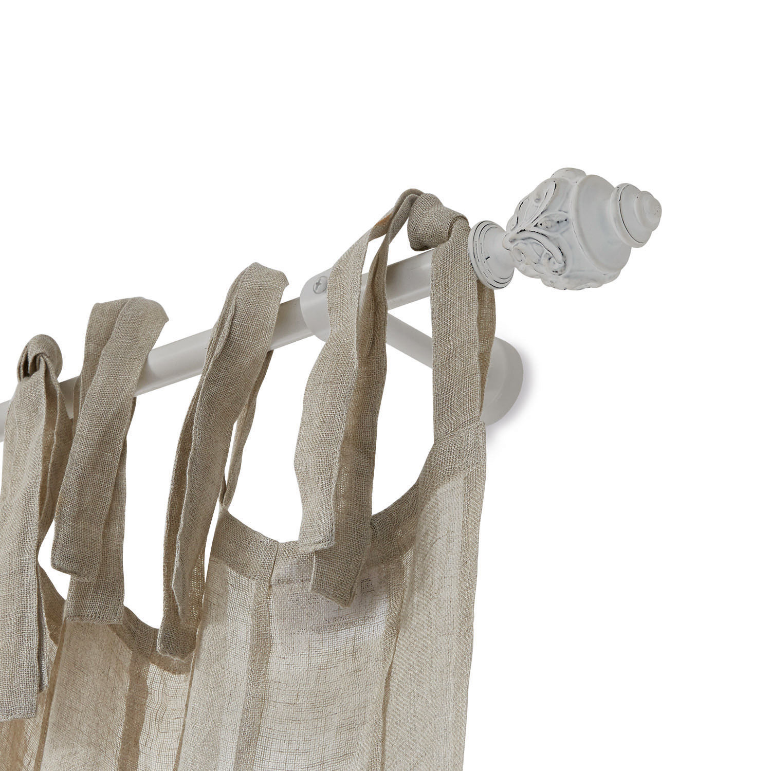 Gordijnroede Kaarlo Witte metalen gordijnroede met decoratief uiteinde en beige linnen gordijn met lussen
