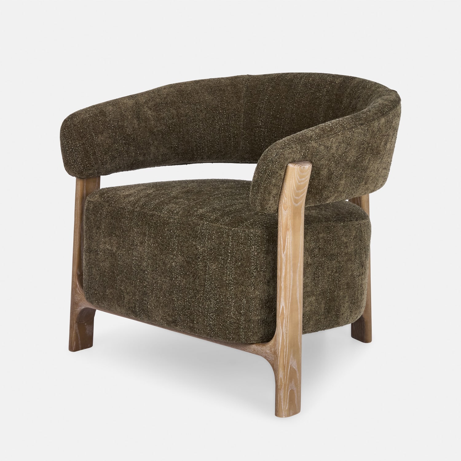 Fauteuil van donkergroene stof met houten frame, comfortabele woonkamerstoel