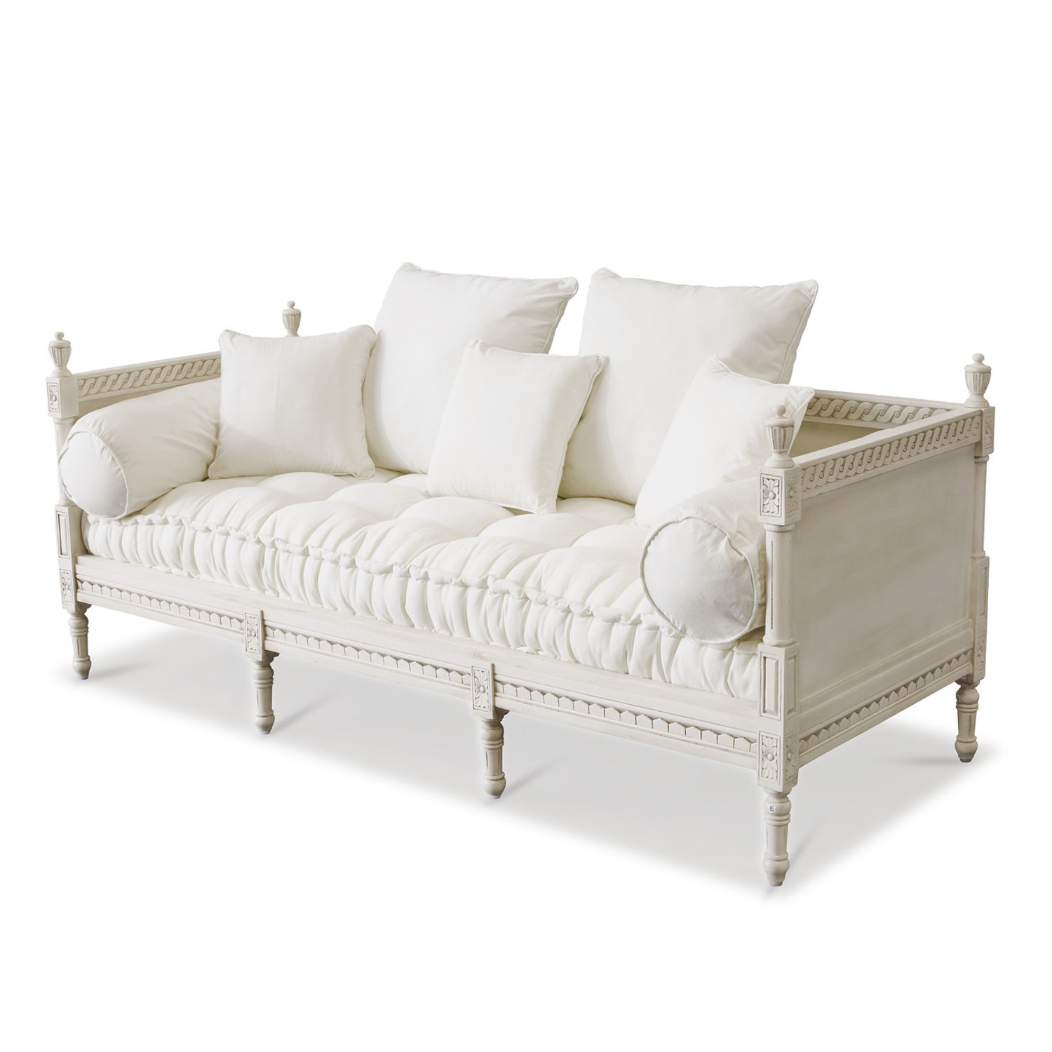 Bank Douville Witte houten bank met zachte kussens en decoratieve details, elegante woonkamermeubel