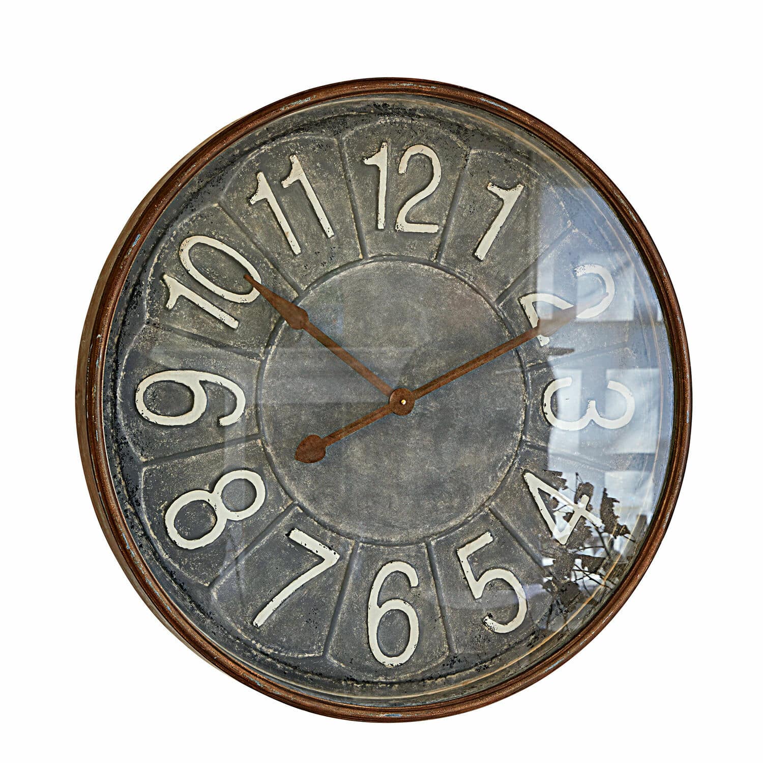 Klok Braxton Ronde wandklok met metalen rand en grijze wijzerplaat met grote witte cijfers in vintage stijl