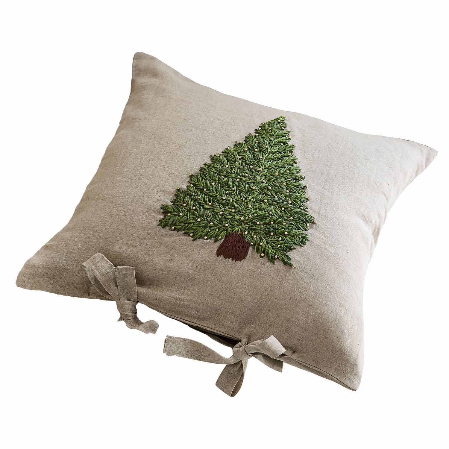 Housse de coussin Amuré Coussin beige en lin avec arbre vert brodé et liens, décoration de Noël pour intérieur cosy