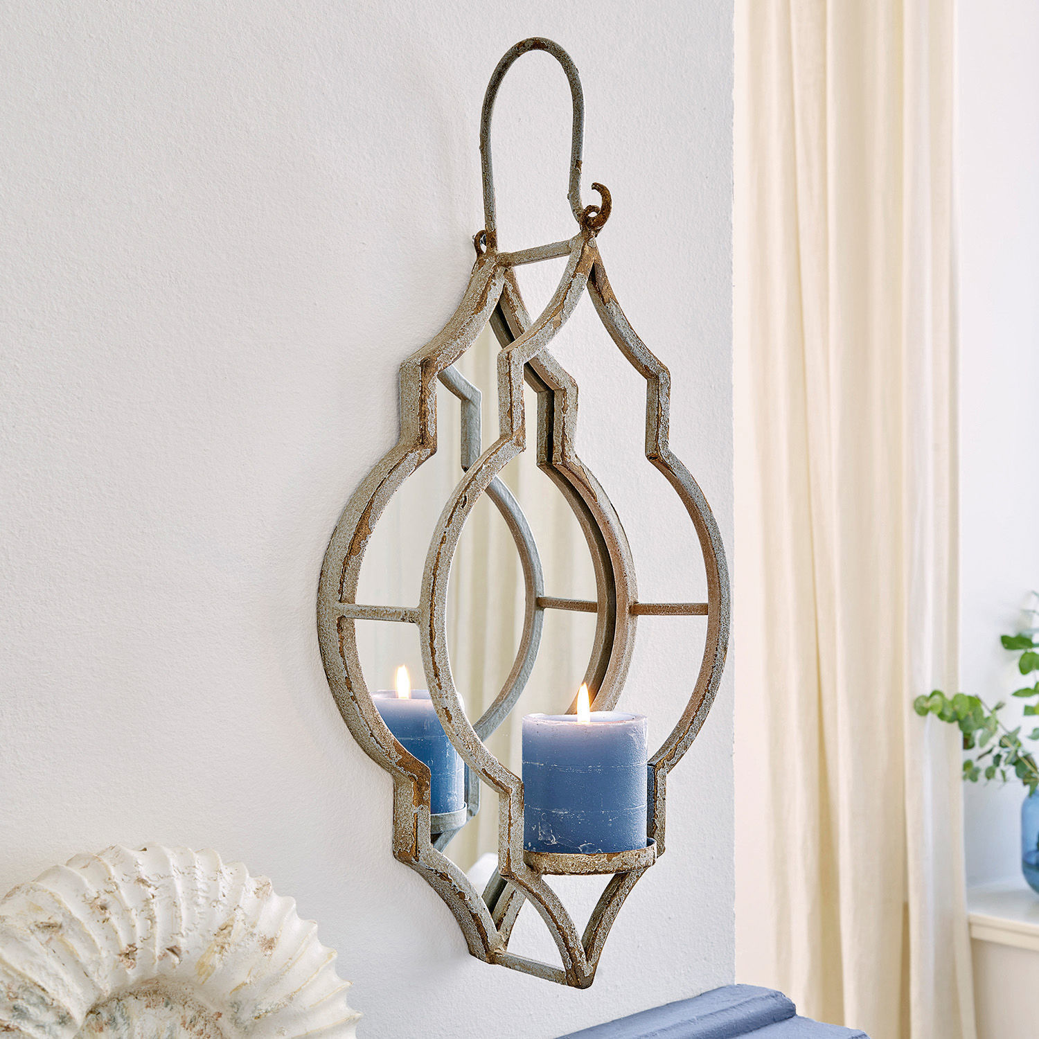 Miroir mural en métal avec bougeoir bleu, décoration vintage pour salon lumineux