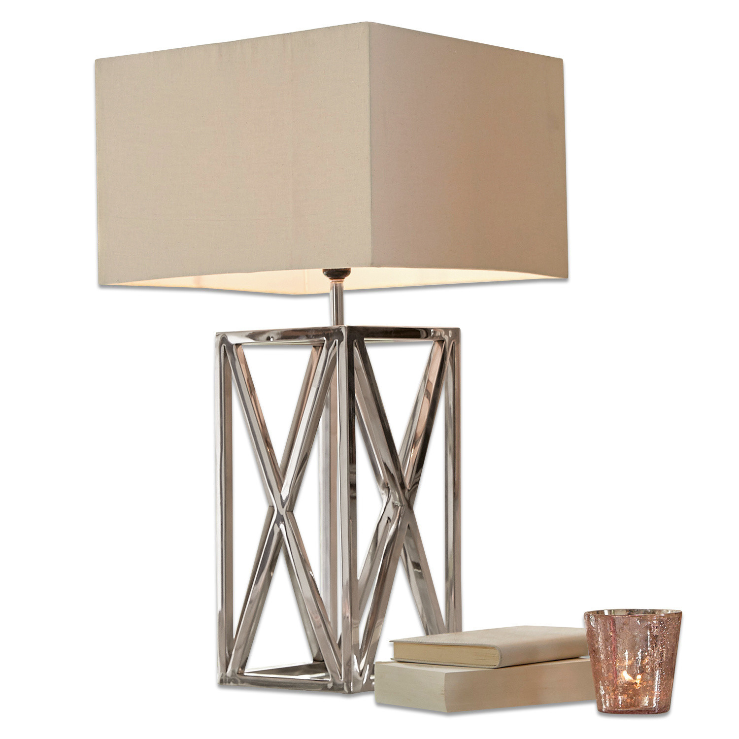 Lampe à poser Foix Lampe de table moderne avec base en métal et abat-jour beige, éclairage et décoration intérieure