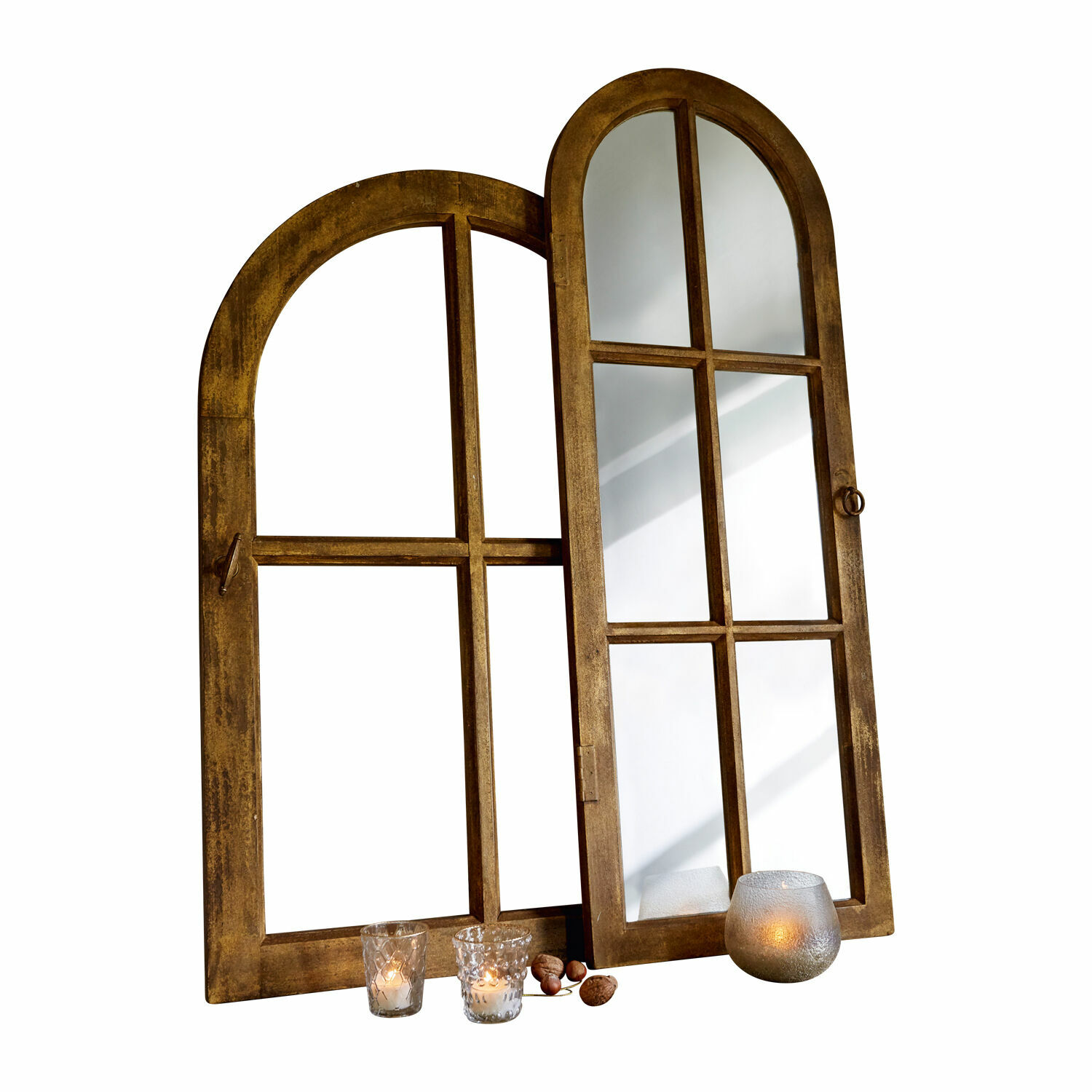 Spiegel en siervenster Crowley Decoratieve houten raamkozijn met spiegel en kaarsen, rustieke stijl, bruine kleur