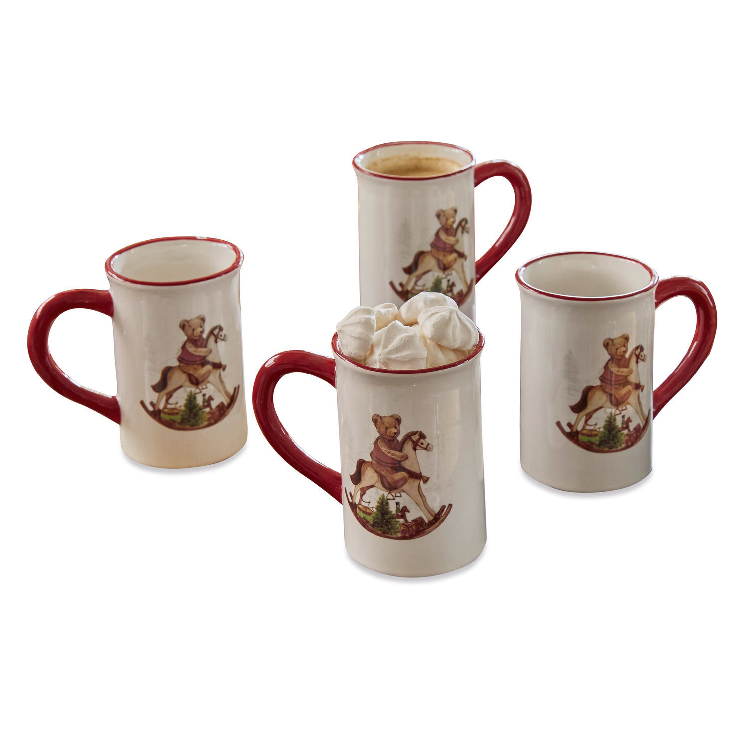 Mok set van 4 Troms Set van 4 keramische mokken met rode handgreep en afbeelding van beer op hobbelpaard