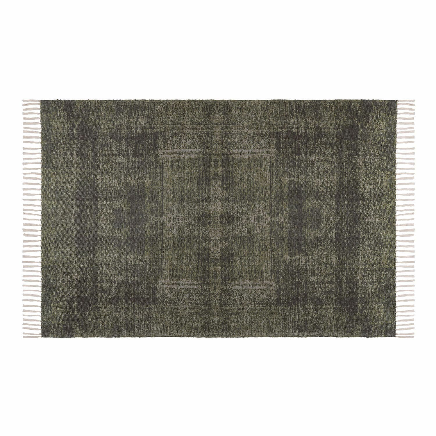Tapis d’intérieur et d’extérieur Belaric Tapis décoratif vert foncé avec franges blanches, tissu doux, style vintage pour salon