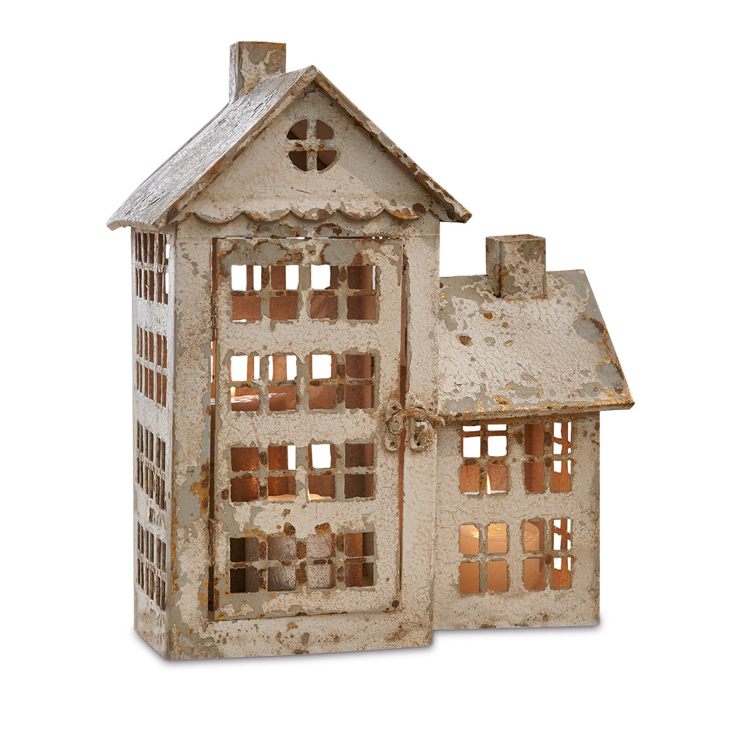 Lanterne Bélis Lanterne en métal en forme de maison avec peinture blanche vieillie, décoration intérieure et jardin