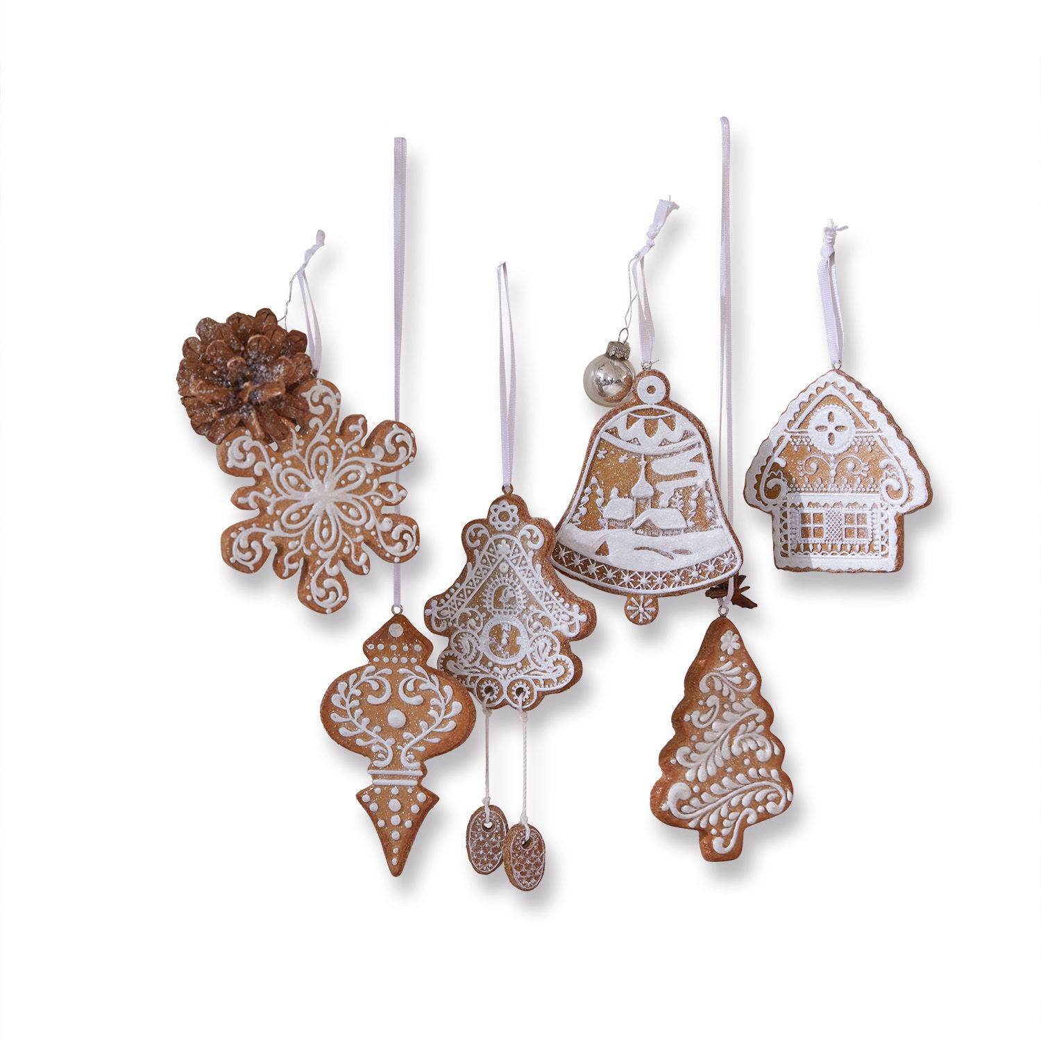Lot de 6 décorations à suspendre Anyama Ensemble de 6 décorations de Noël en pain d'épices avec motifs blancs et rubans pour suspendre