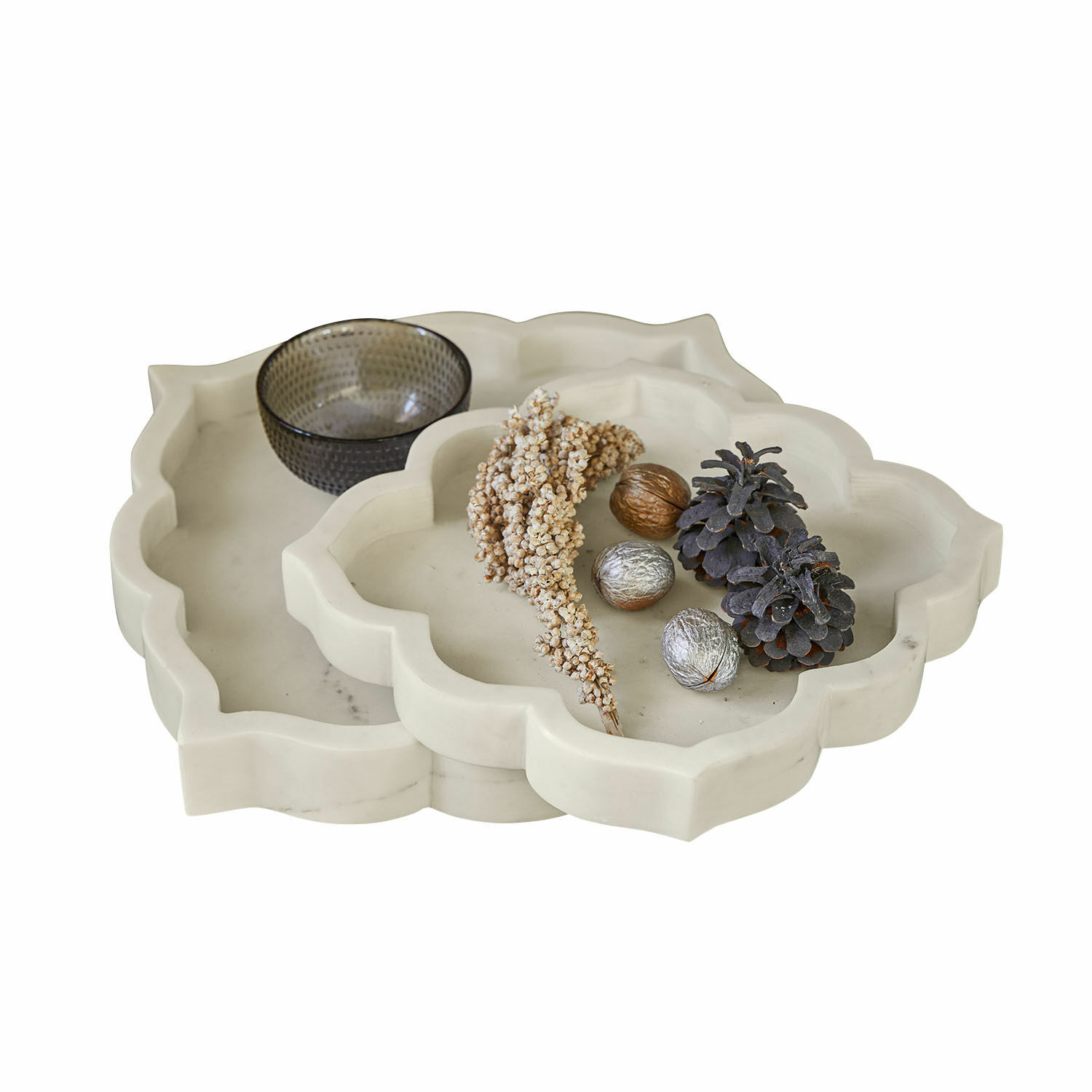 Schaal set van 2 Melisune Witte marmeren decoratieve schalen in bloemvorm met versieringen en glazen kom
